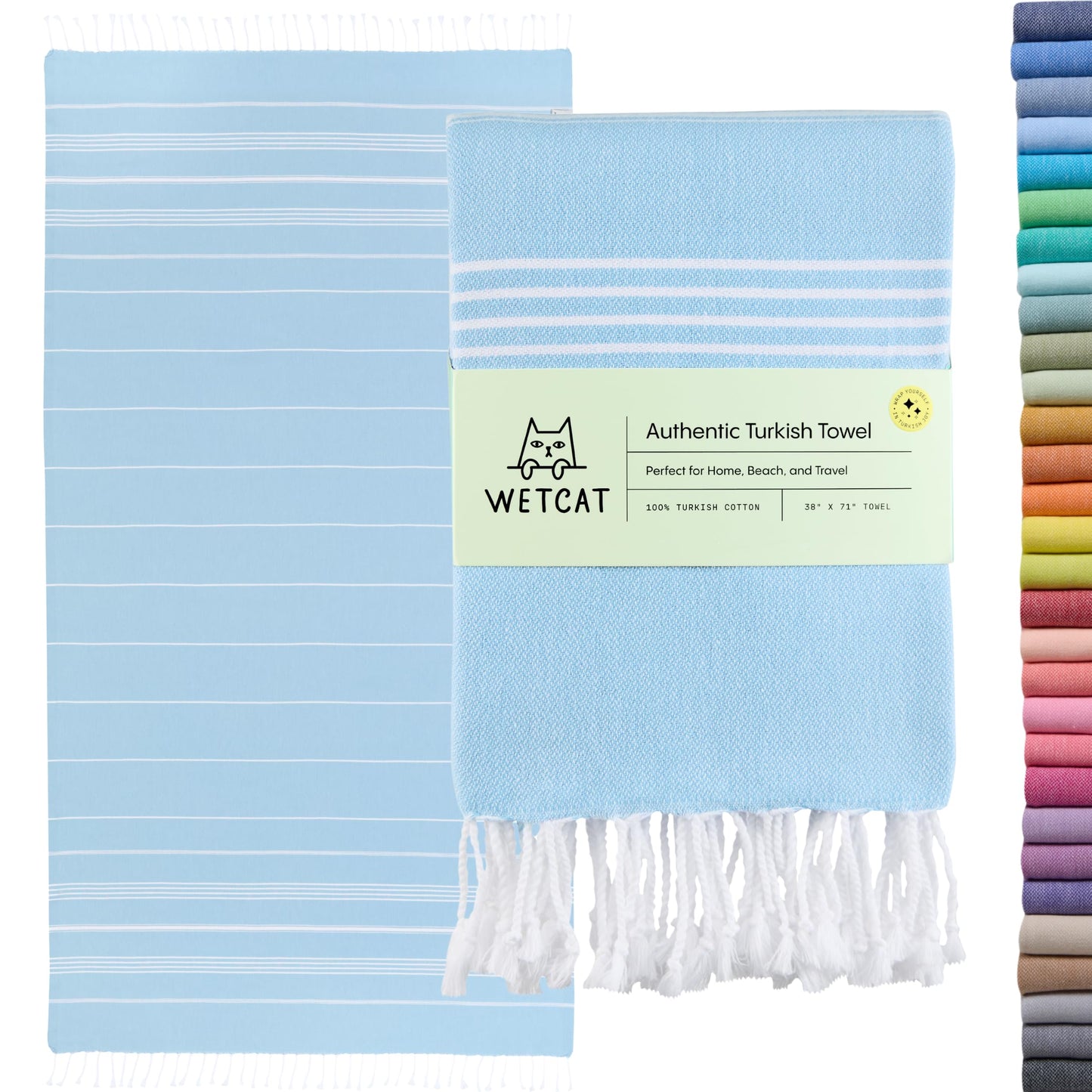 WETCAT Turkish Beach Towel Oversized (38"x71") 100% Turkish Cotton, Made in Turkey - Sand Free, Extra Large, Ultra Soft, Quick Drying, Compact & Lightweight for Travel - Light Blue