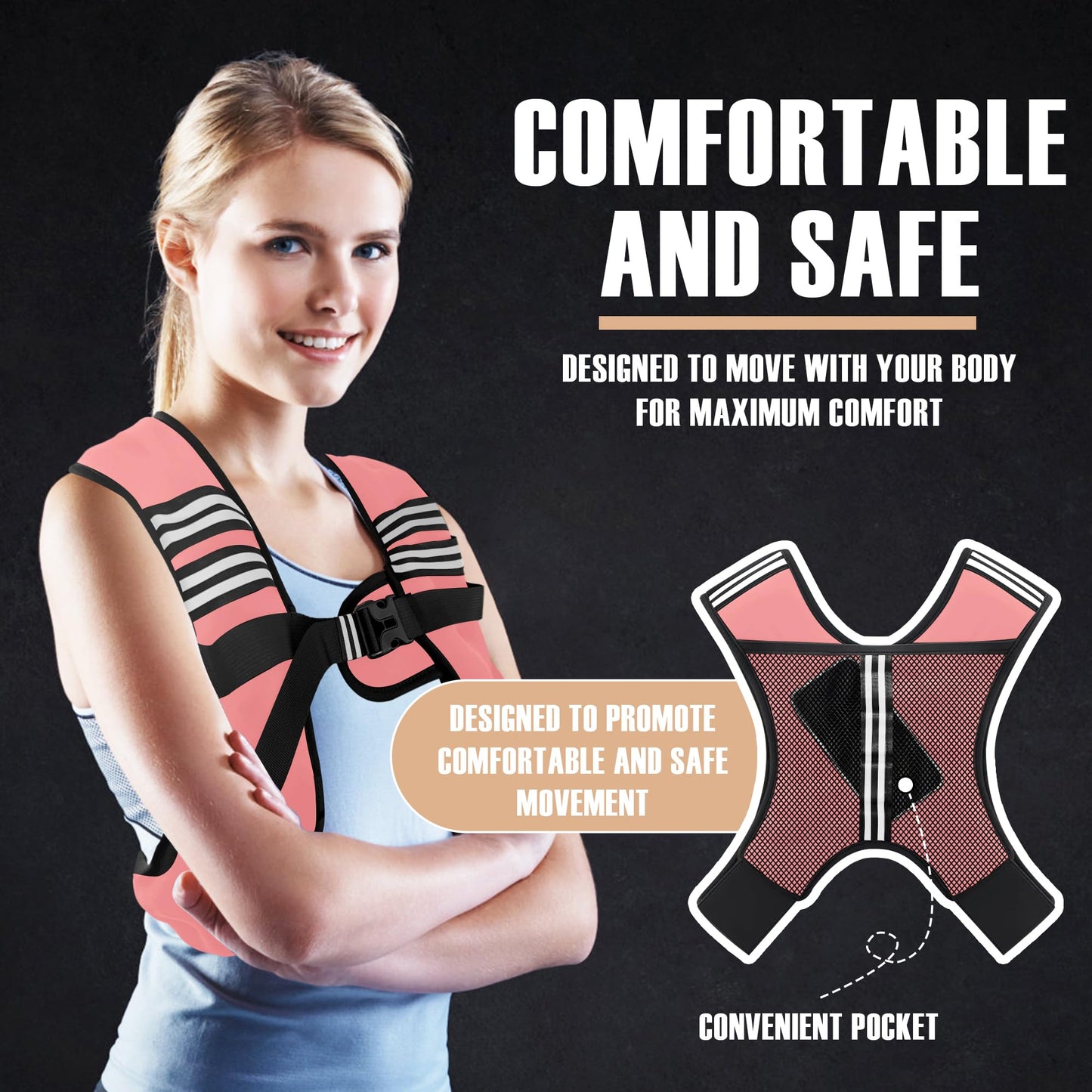 NATURELUX Weighted Vest with Reflective Stripe and Adjustable Buckle Straps, Pastel Pink, 5 lbs
