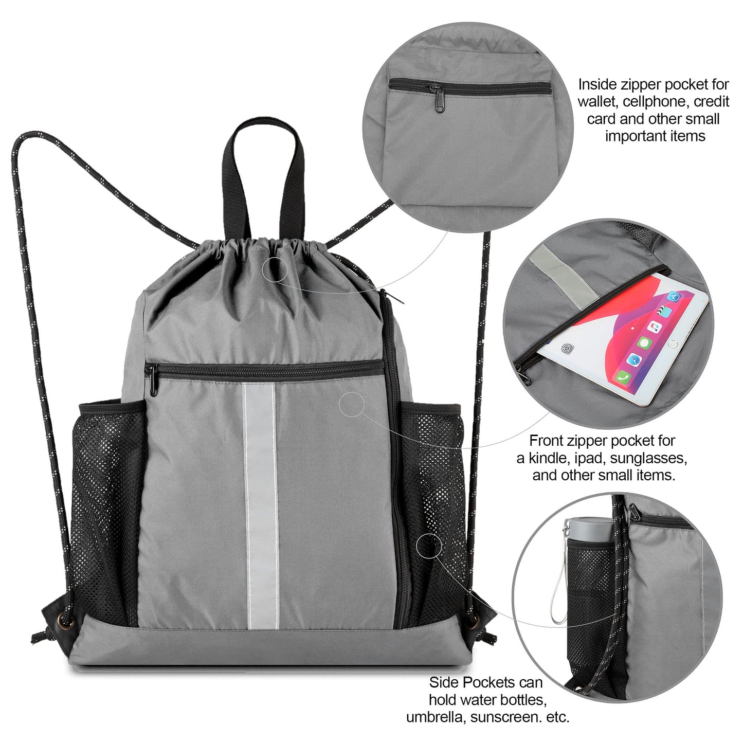 BeeGreen Grey Drawstring Bag Pack Gym Sackpack w Shoe Compartment Two Water Bottle Holder Portable String Sinch Sack for Gymnastic Athletic Beach Travel