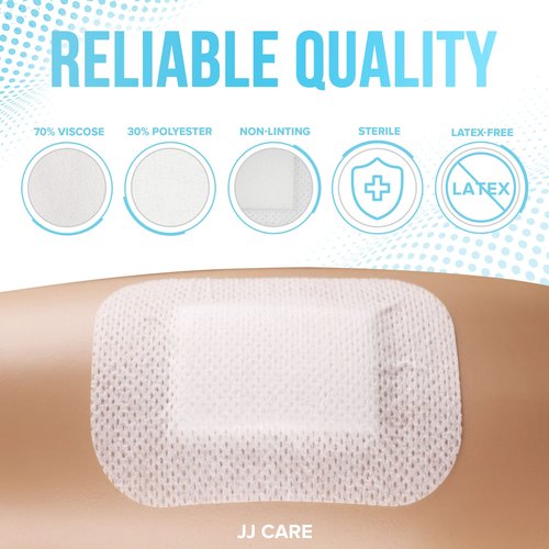 JJ CARE Adhesive Island Dressing [Pack of 50], 4x5 Sterile Bordered Gauze, Breathable Island Wound Dressing, Individually Wrapped Adhesive Gauze Bandages with Non-Stick Central Pad