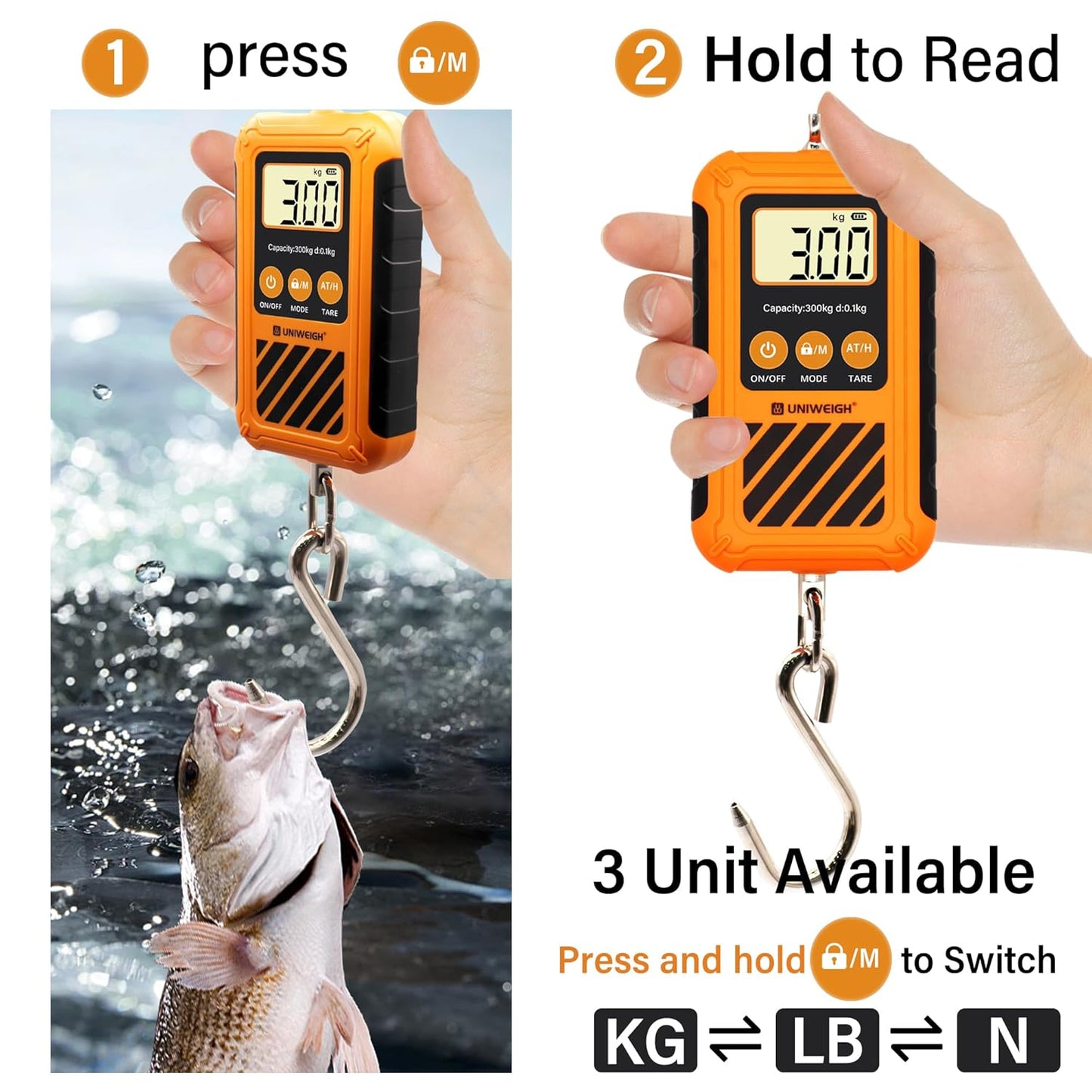 UNIWEIGH Digital Hanging Scale - Portable 300kg/660lb Crane Scale with LCD Display & Large Hook | Ideal for Hunting, Fishing, and Garage Use