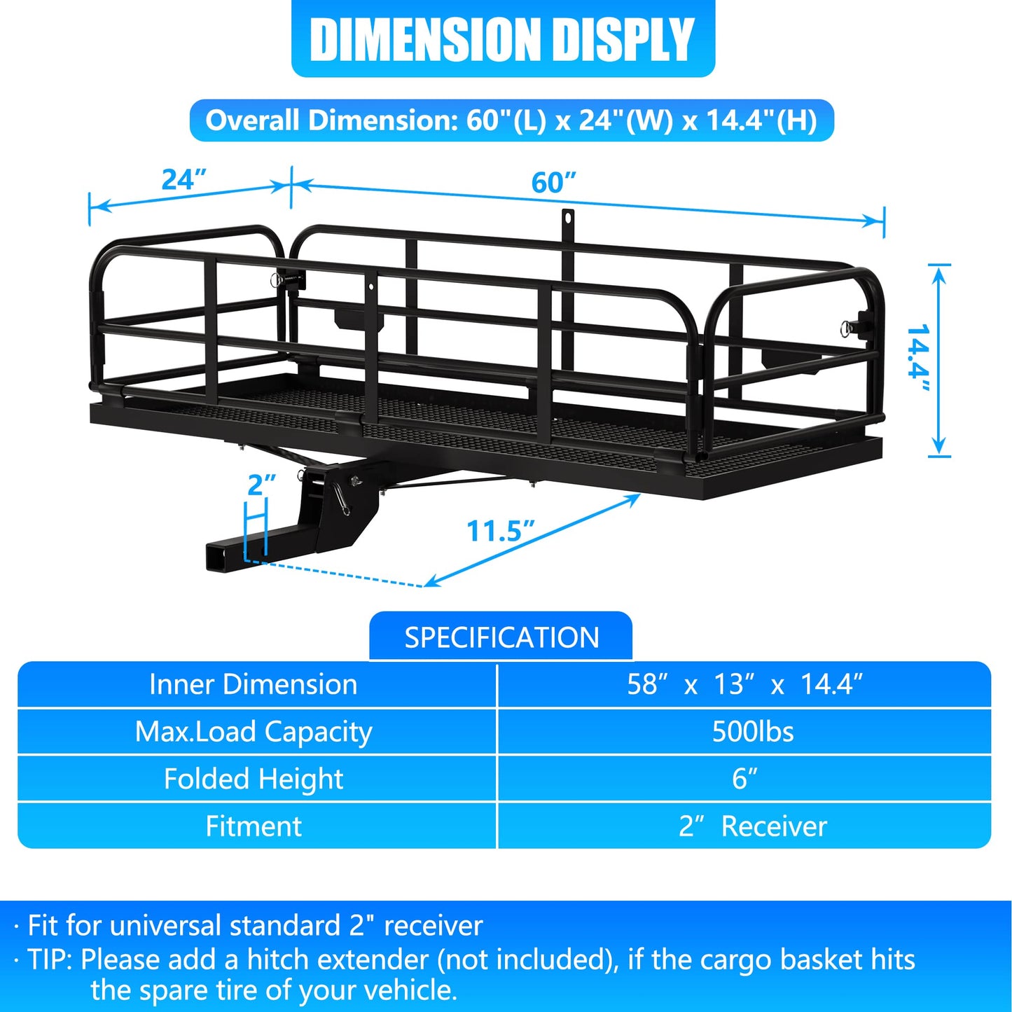 KAIRAY Heavy Duty Folding Hitch mount Cargo Carrier Load Capacity 500 Lbs 60" X 20" X 6" Trailer Fold up Luggage Basket with Stablizer Waterproof Bag Net Ratchet Straps Combination Lock for SUV Pickup