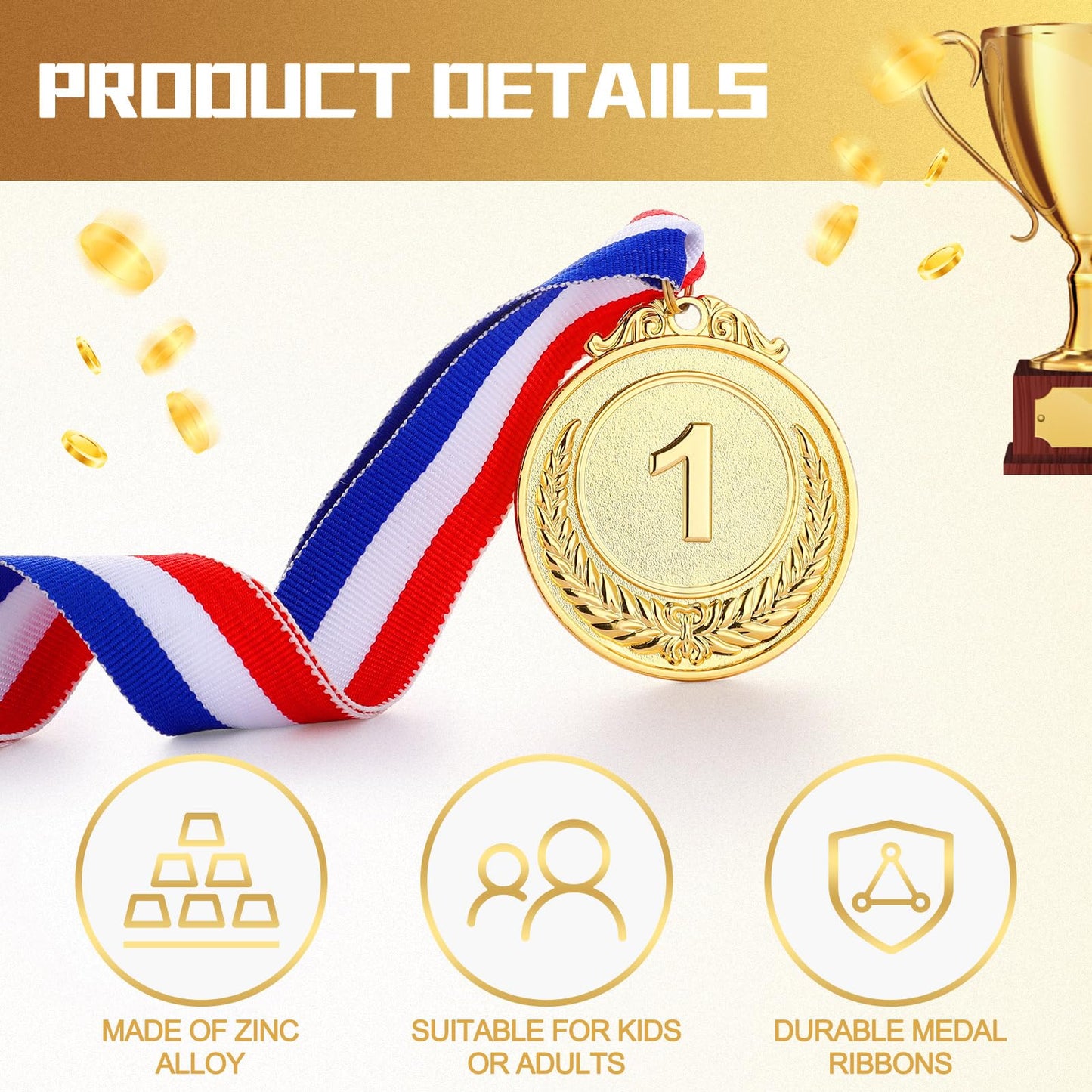Sasylvia 72 Pcs Gold Medals for Awards 2 Inch Prizes Bulk Winner Medals with Ribbon for Sports, Competitions, Party, Spelling Bees (1st Place)