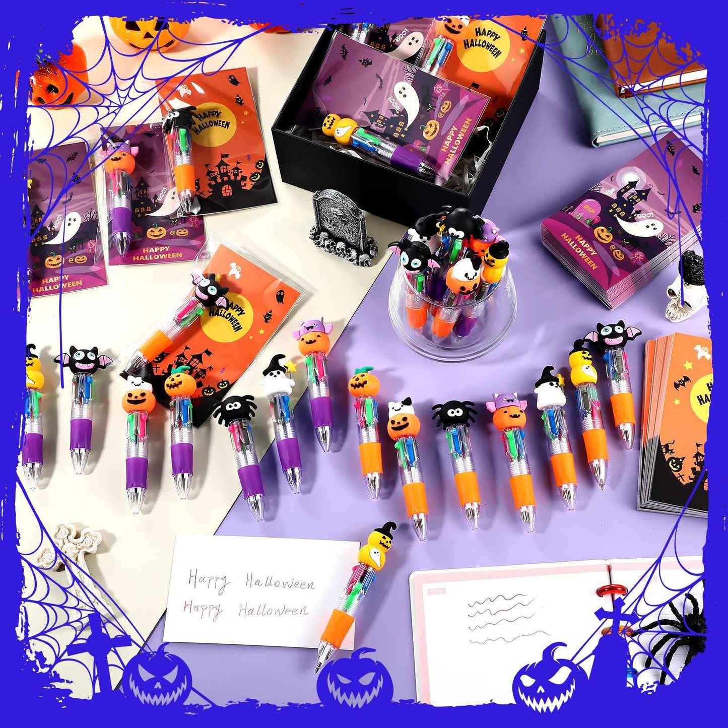 Gilprop 100 Set Multicolor Halloween Retractable Ballpoint Pens 0.7 mm 4-in-1 Halloween Pumpkins Writing Pen with Gift Card Bags for Trick or Treat Party Favors Students Kids School Office Gifts