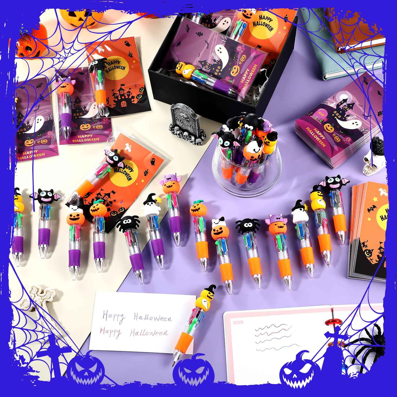 Gilprop 100 Set Multicolor Halloween Retractable Ballpoint Pens 0.7 mm 4-in-1 Halloween Pumpkins Writing Pen with Gift Card Bags for Trick or Treat Party Favors Students Kids School Office Gifts