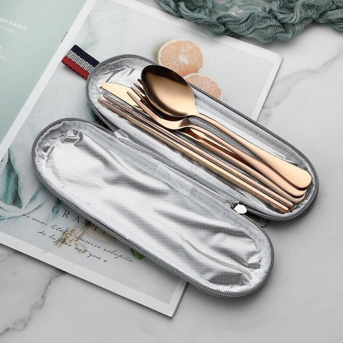 DEVICO Stainless Steel Camping Utensils - Full-Size Reusable Cutlery Set with Case | Portable Fork, Spoon, Knife & Chopsticks (Rose Gold)