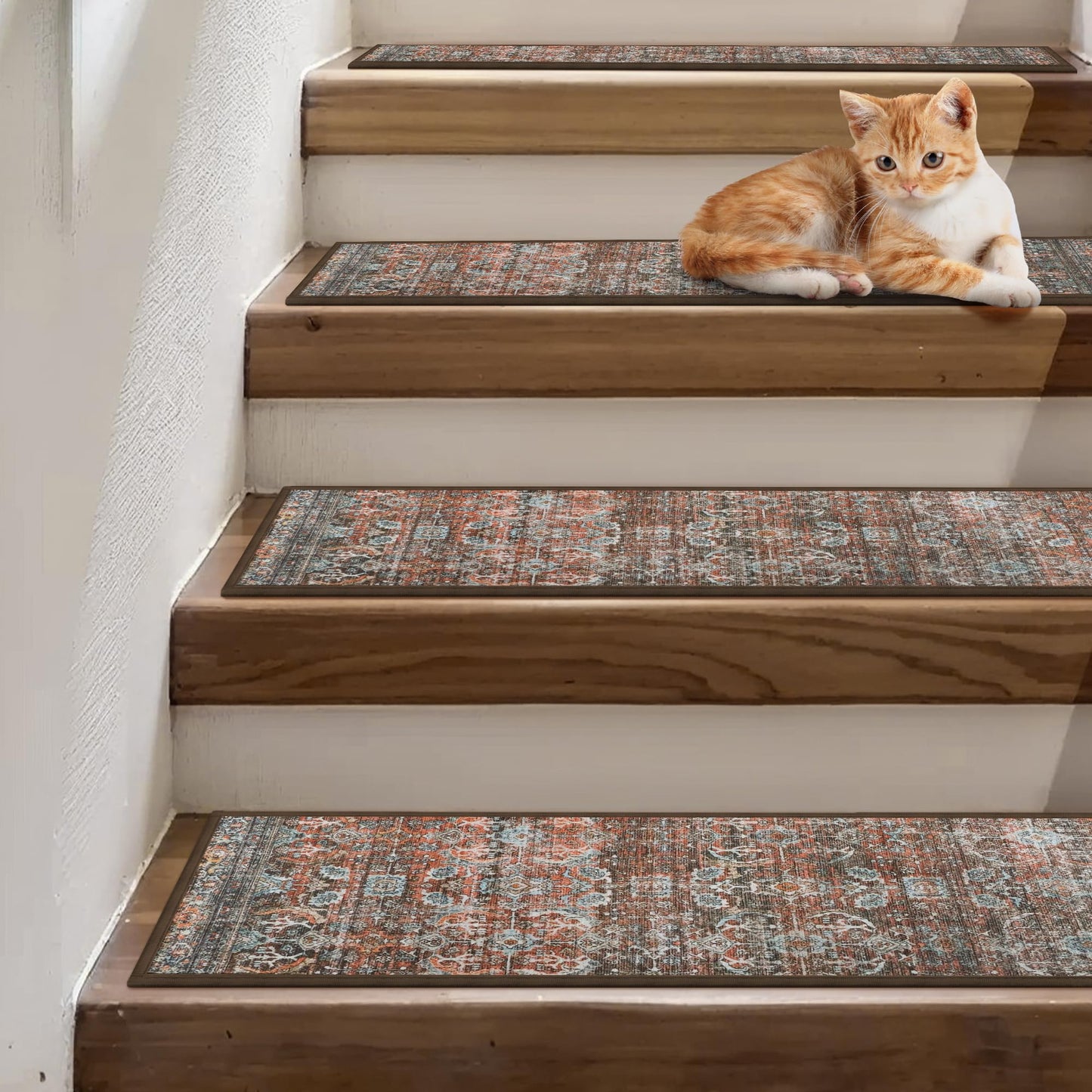 sarben Carpet Stair Treads Non Slip 4PCS, 8" X 30" Edging Stair Runner for Wooden Steps Indoor, Resistant Stair Rug with Reusable TPE Adhesive Backing, Residue Free Mat for Elders, Pets, Terracotta