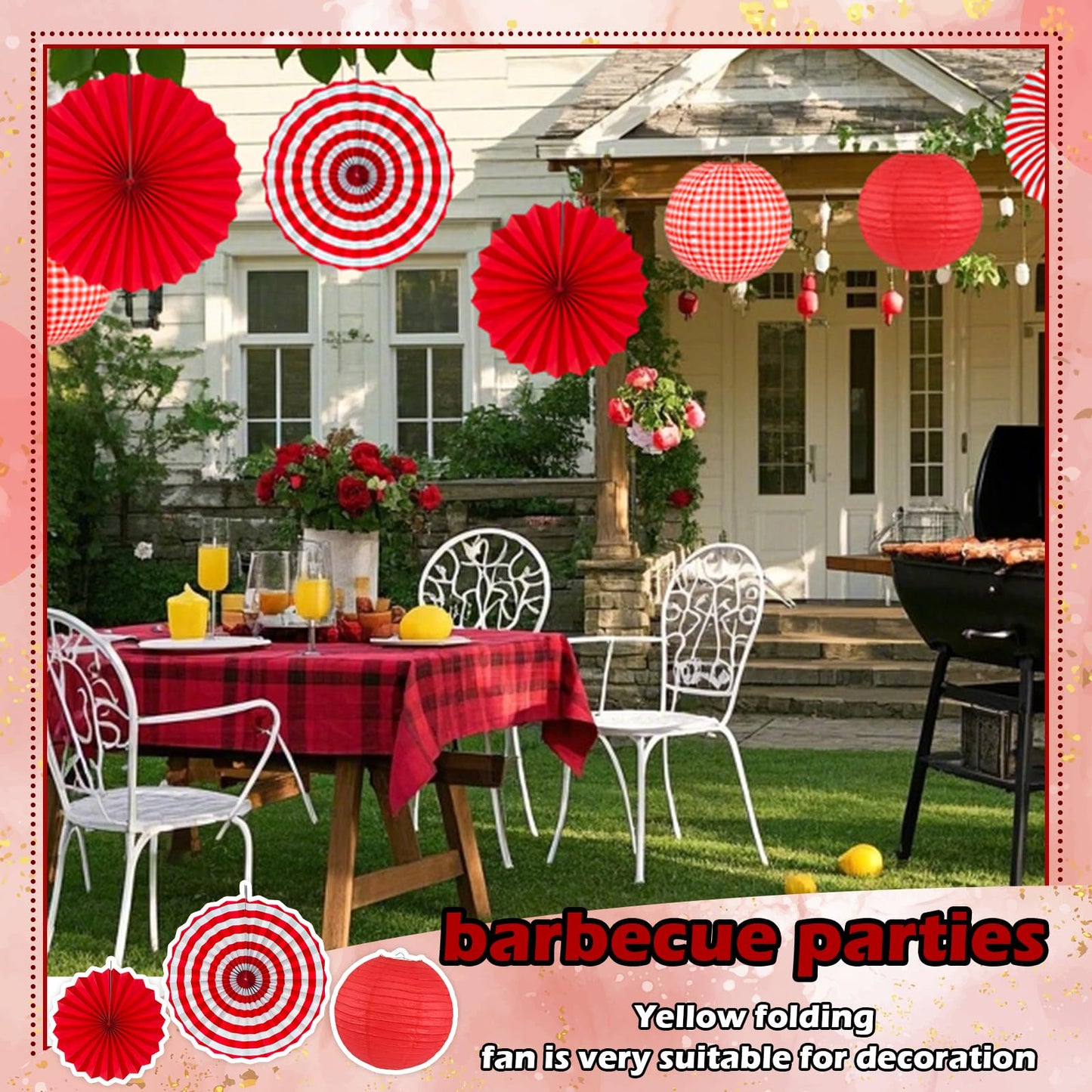 Peywot 15Pcs Red Party Decorations Supplies Set, Hanging Red Paper Lanterns Paper Fans for Home Decor Birthday Wedding Graduation Picnic BBQ Baby Shower Pizza Party