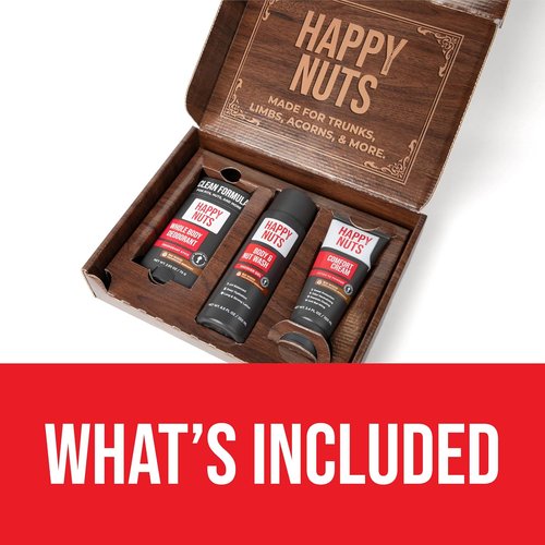 HAPPY NUTS Men's Gift Hygiene Kit | Big Wood Energy Box with Deodorant, Body Wash & Comfort Cream