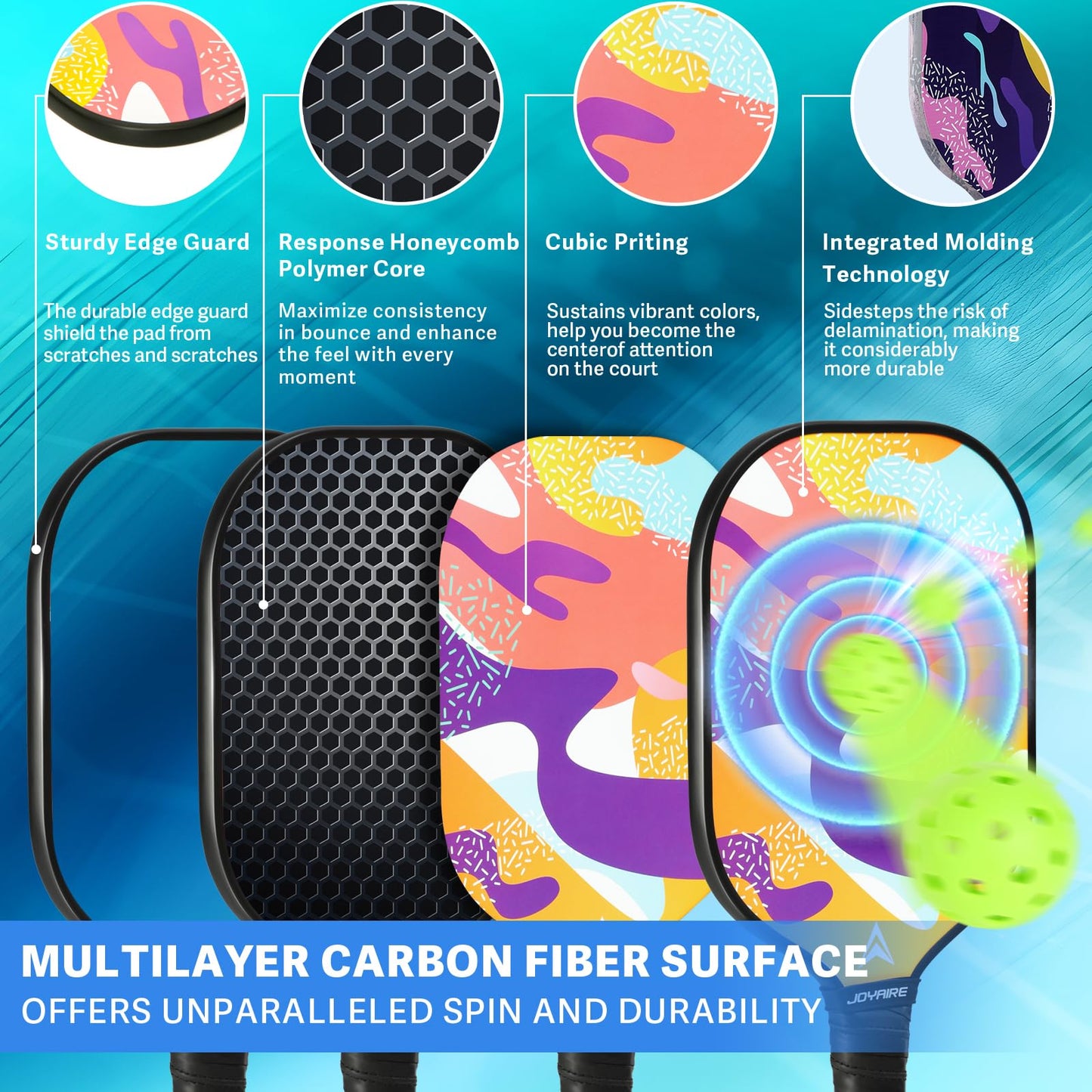 JOYAIRE Carbon Fiber Pickleball Paddles Set of 2, USAPA Approved T700 Raw Carbon Face, Lightweight 7.5oz Honeycomb Core Pickle Ball Rackets, High Spin, Includes 4 Balls & Portable Bag