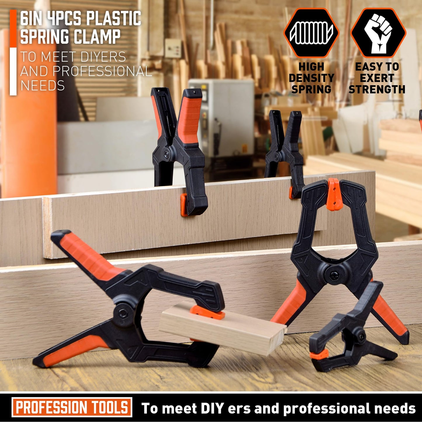 AMARTISAN 6 inch Spring Clamps Heavy Duty, 4-Pack Large Clamps for Woodworking Work, Fixing Backgrounds, and Photography DIY, Among Others. 3.35 Inch Mouth Opening.