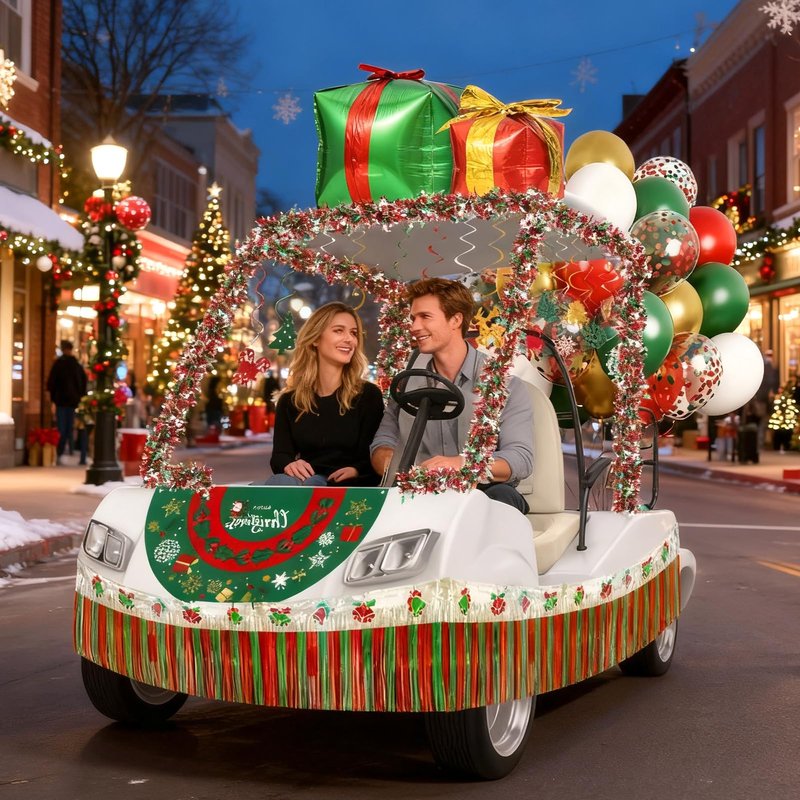 53Pcs Christmas Parade Golf Cart Decoration Set Include Christmas Banner Xmas Snowflake Garland Gift Wrap Xmas Spiral Decorations Balloons for Golf Cart Decor