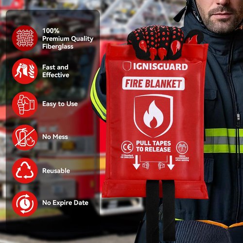 IGNISGUARD Fire Blankets 4 Pack, 40x40in with 1 Pair Fire Resistant Gloves & 4 Hooks, Fiberglass Fire Blankets Emergency for Home and Kitchen, Suppressant for Grease & Electrical Fires, RV, Camping