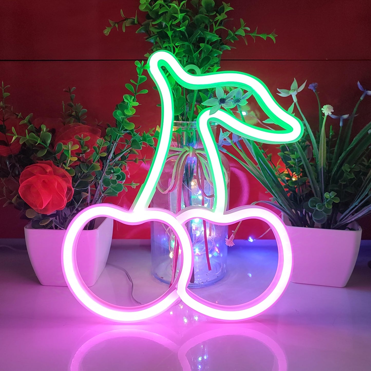 JYWJ Cherry Neon Sign,USB or 3-AA Battery Powered Neon Light,LED Table Decoration,Bedroom Wall Decoration,Birthday Gift,Wedding Supplies Business Gift(Green+Pink)