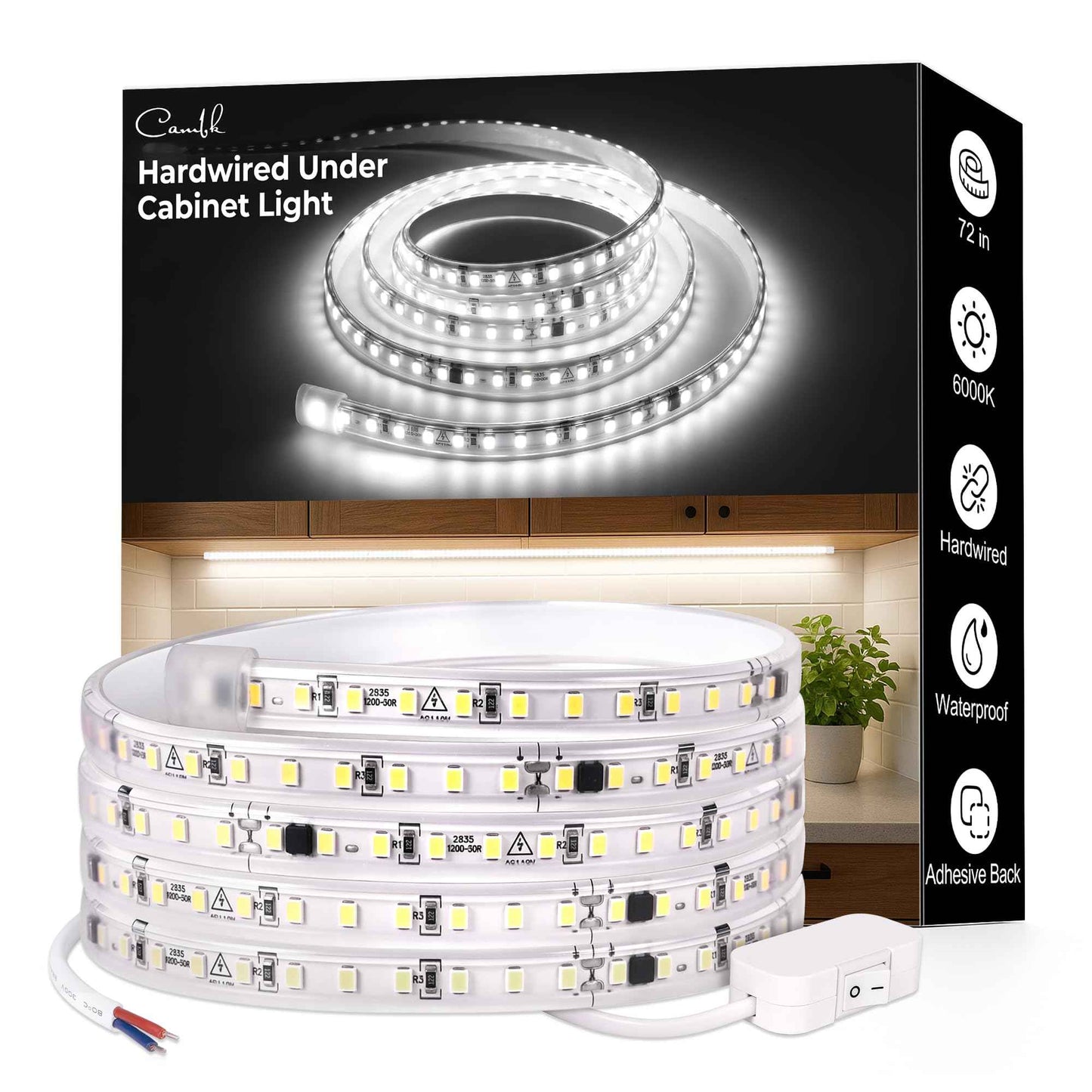 72inch Hardwired Under Cabinet Lighting for Kitchen, 6000K White Wired Undercounter Waterproof Led Strip Lights, Luces para Cocina Bajo Gabinete Under Shelf Lights