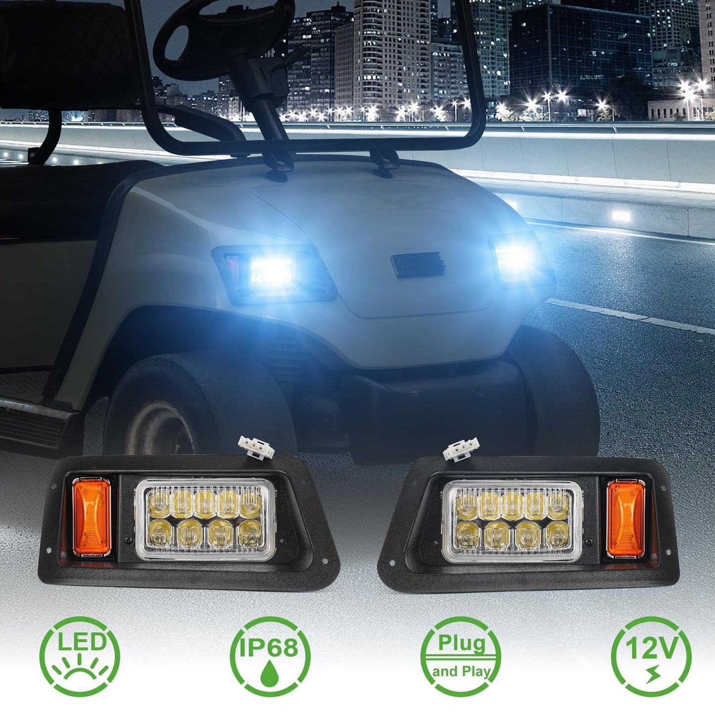 10L0L Golf Cart Headlight Kit for Yamaha G14, G16, G19, G22 (Gas & Electric) - 12V LED Front Lights with 3Pin Harness, Easy to Install, Energy-Saving, Driver & Passenger Side