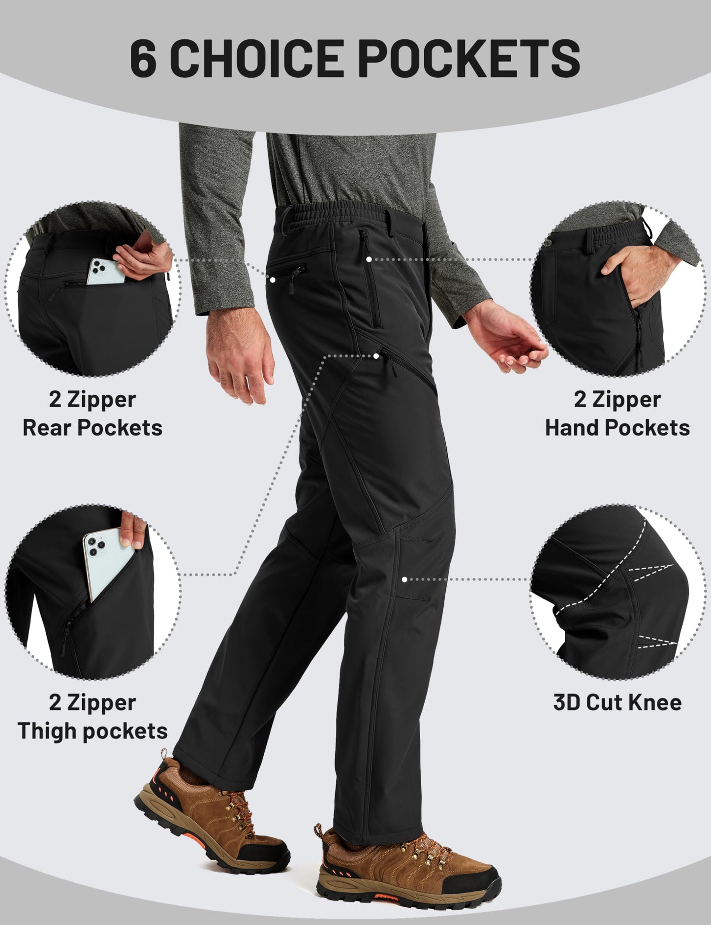 TACVASEN Men's Fleece Lined Hiking Pants Winter Insulated Waterproof Snow Ski Pants Cold Weather Black Cargo Work Trousers with Zipper Pockets