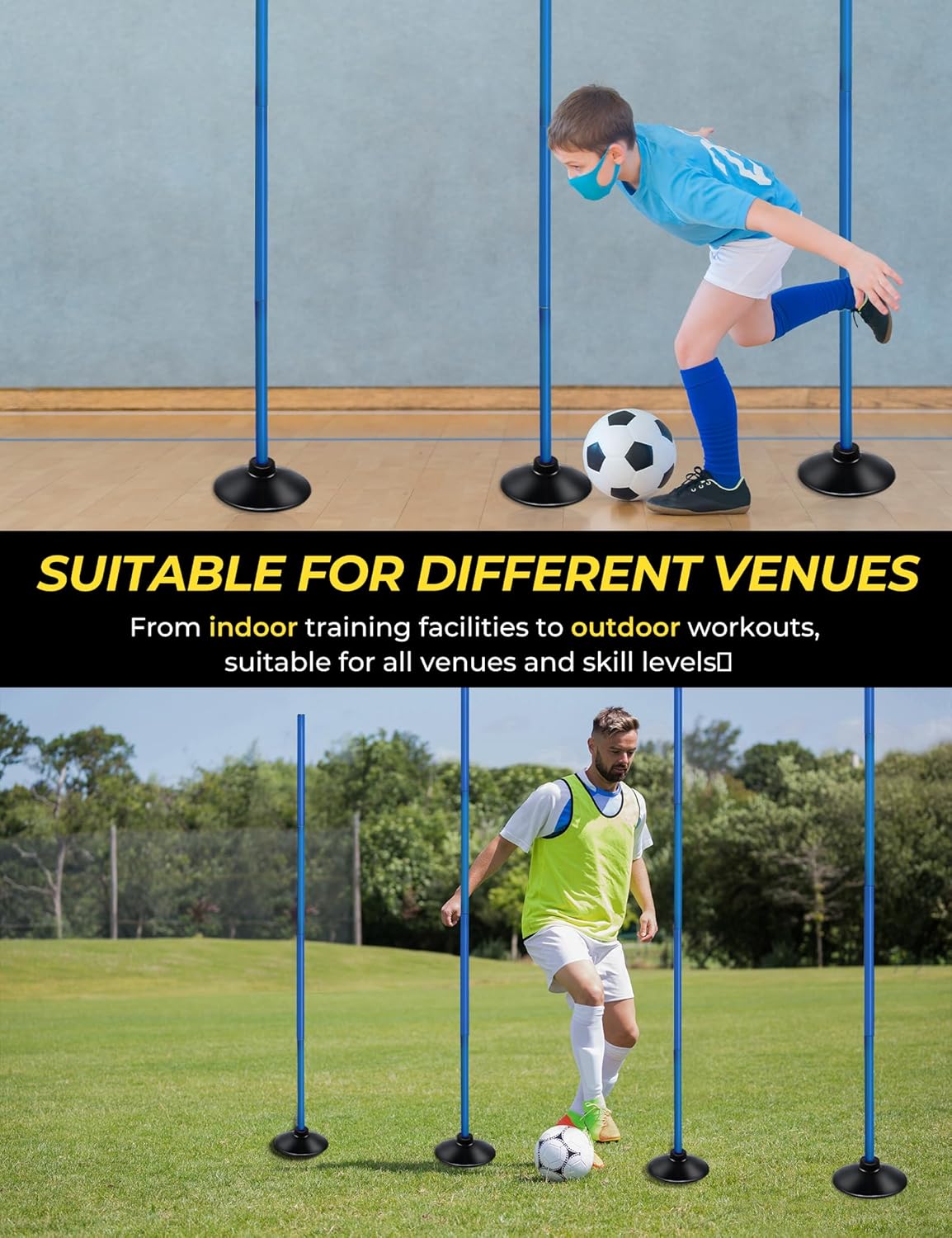 SEAOTTER Soccer Agility Poles Set - 6ft Detachable Speed Training Poles for Football & Rugby | 4/6/10 Pcs