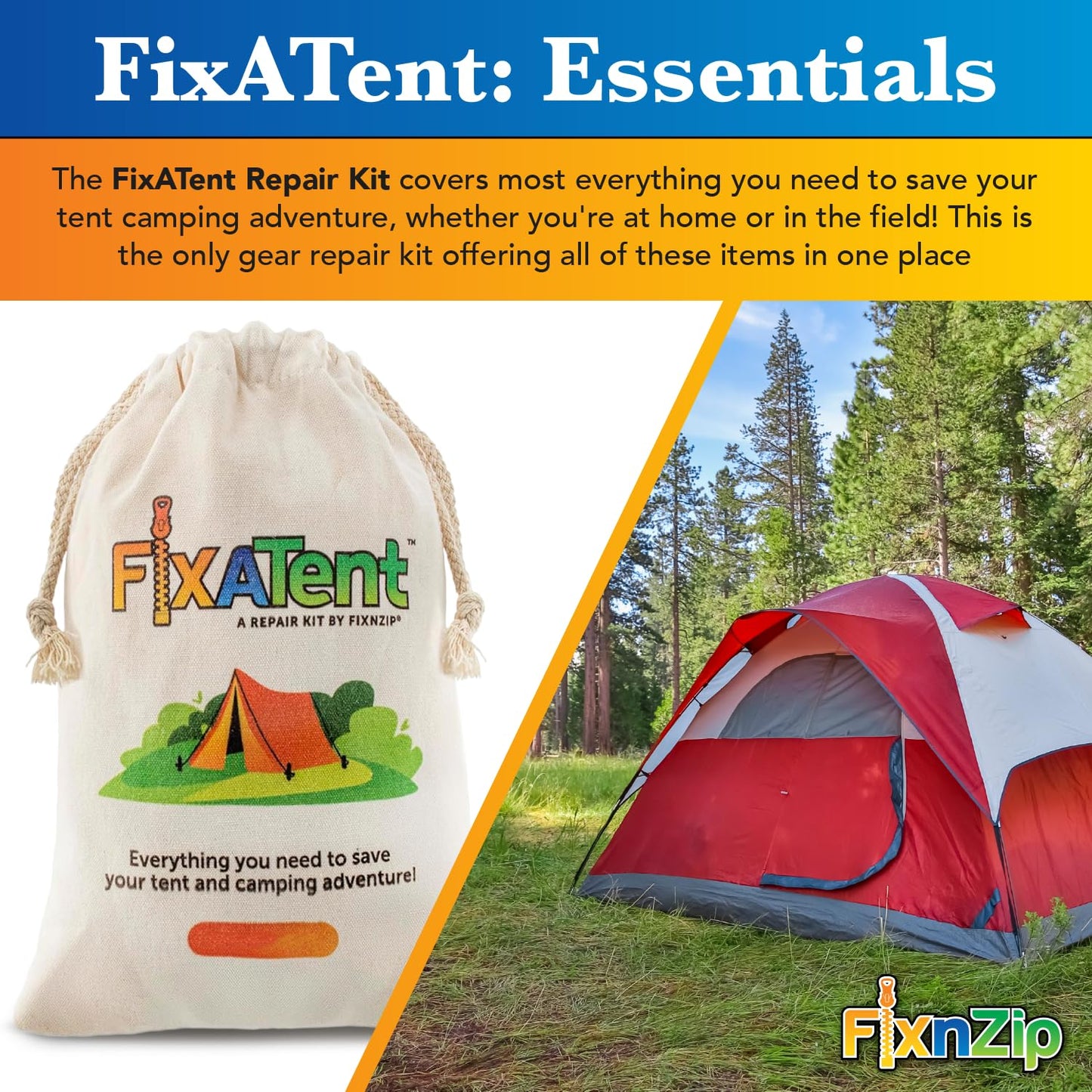 FixnZip FixATent Essentials | Complete Tent Repair Kit with Zipper Slider, Pole Splints, Shock Cord, Screen Patches, Duct Tape & Carabiner | All-in-One Camping Gear Repair & Emergency Tent Fix Kit