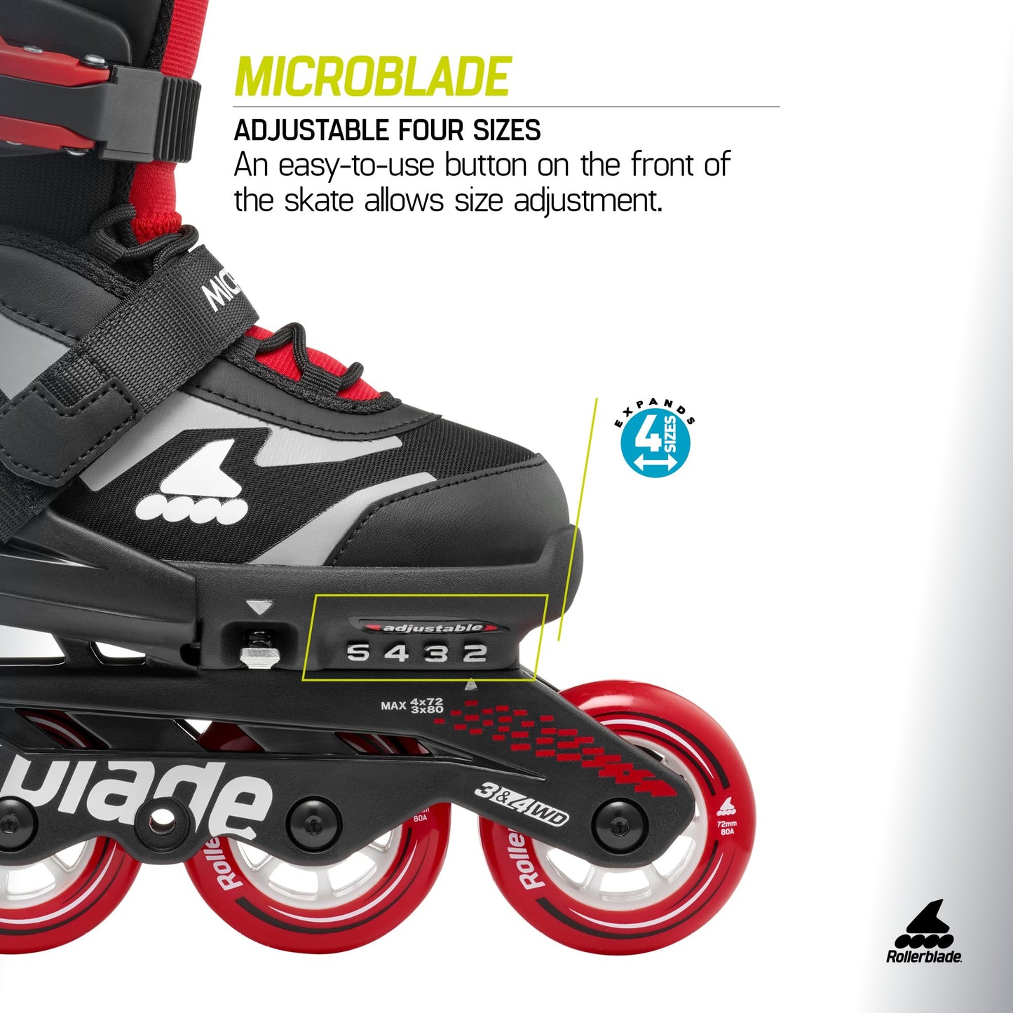 Rollerblade Microblade Kid's Adjustable Fitness Inline Skate, Black/Red, Junior, Youth Performance Inline Skates