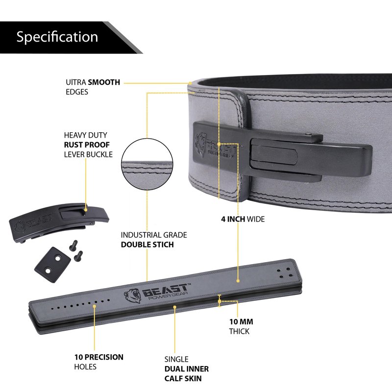 Beast Power Gear Weight Lifting Belt Lever Buckle 10MM 13MM Thick & 4 Inches Free Strap Weightlifting, Powerlifting, Deadlifts, Squats Men Women