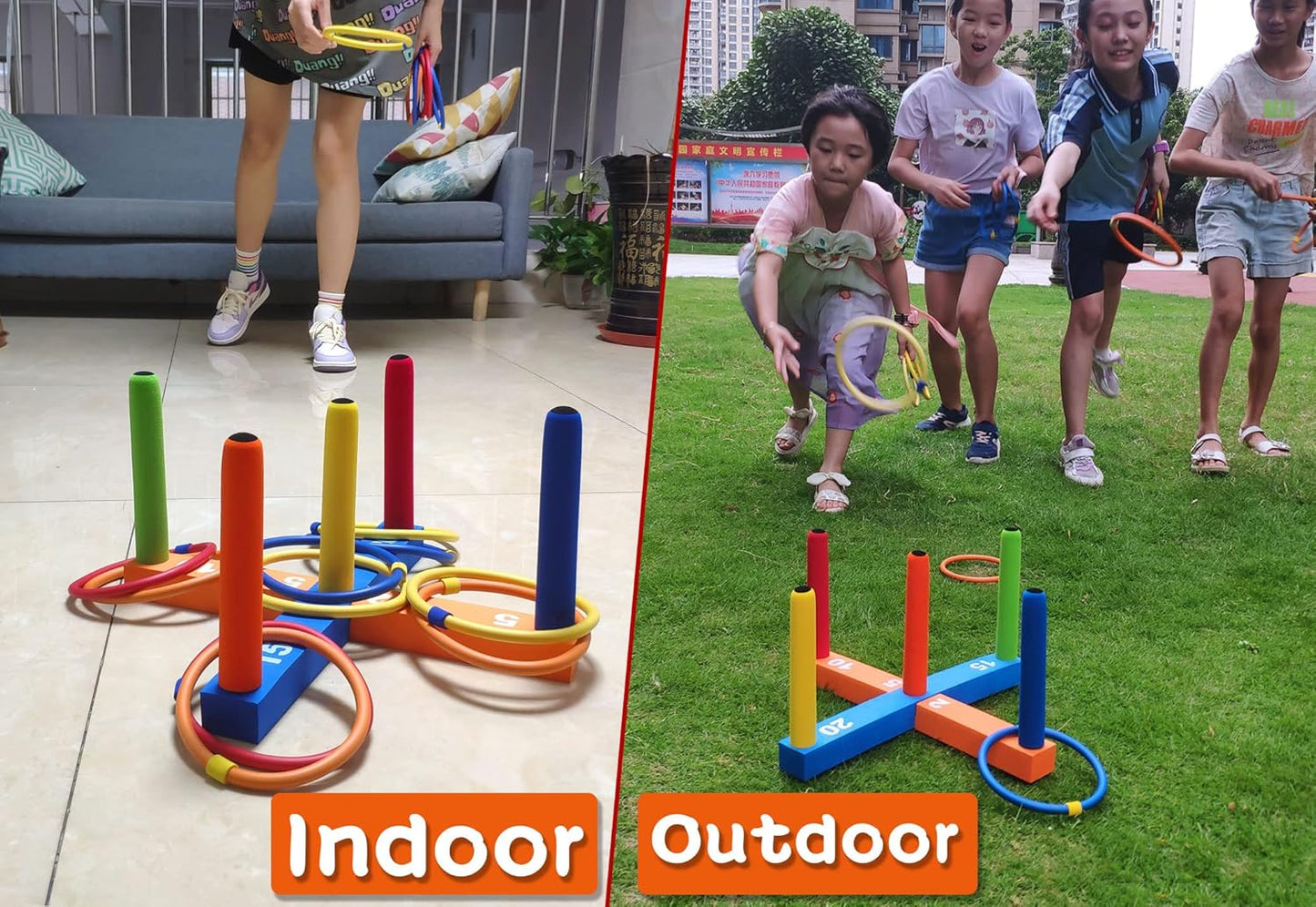 Skiennix Ring Toss Game - Fun Indoor & Outdoor Activity for Kids and Family | 5 Poles, 16 Rings in 4 Colors