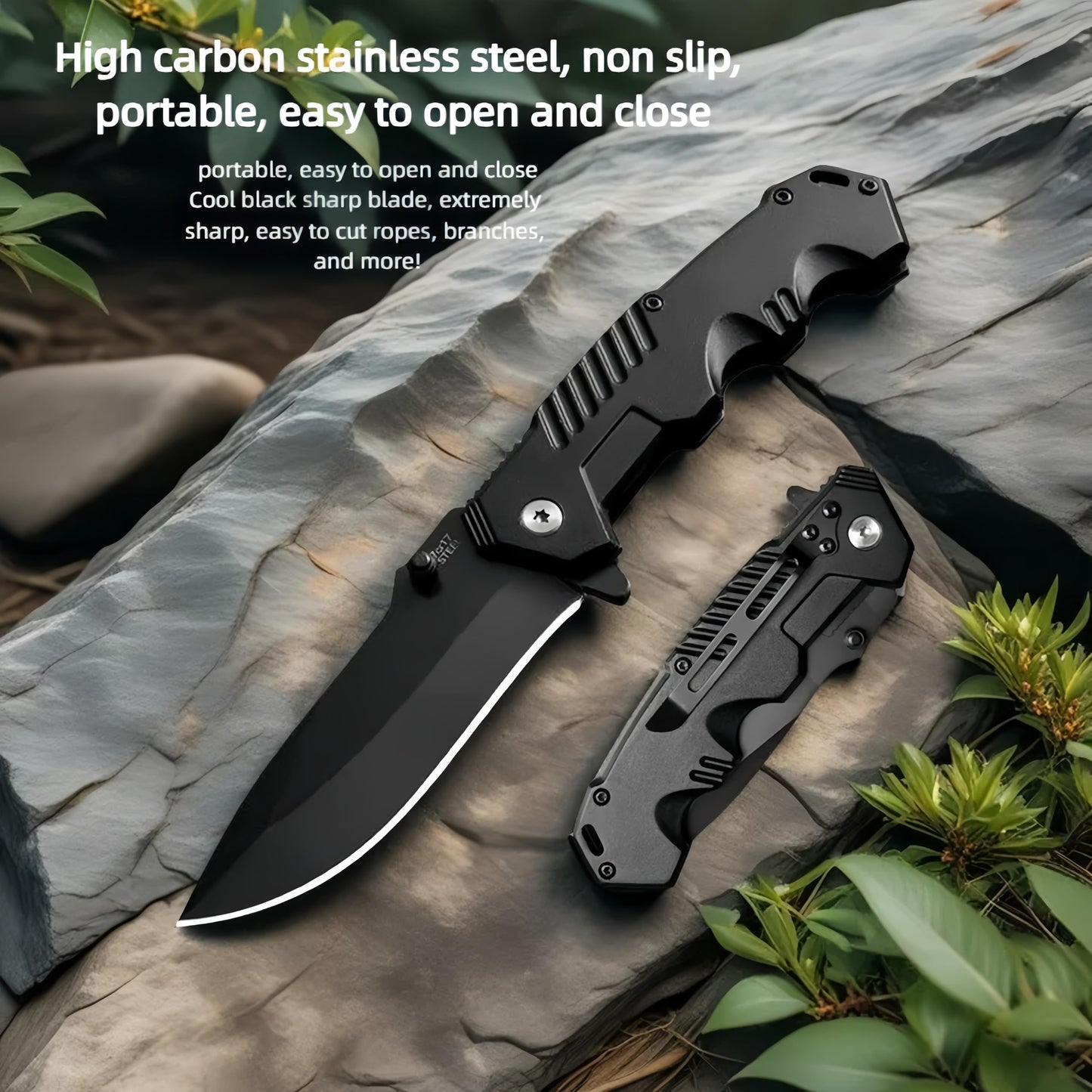 Pocket Folding Knife with Serrated Clip Blade, Pocket Knife for Outdoor Tactical Survival and EDC, Survival Knife Liner-Lock Belt Clip, Hunting, Camping, Outdoor, Unique Gifts for Friends （Black）