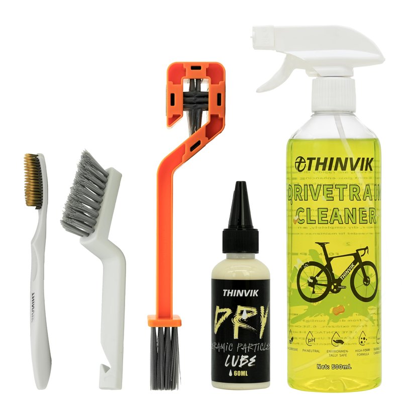 Thinvik Bike Lube and Cleaner Set with 500ml Chain Cleaner, 60ml Dry Lubricant and 4 Brush Tools for Cleaning Chains, Chainrings, Freewheel/Cassette