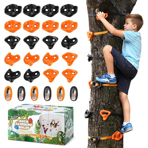 TOPNEW 20 Ninja Tree Climbing Holds for Kids Climber, Orange & Black Tree Climbing Kit with 6 Ratchet Straps for Outdoor Ninja Warrior Obstacle Course Training