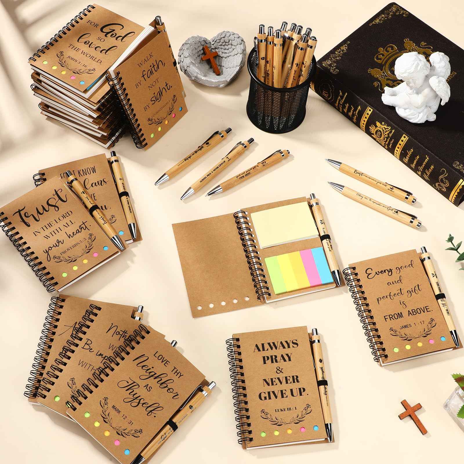 Spakon 60 Pcs/ 30 Set Christmas Christian Gifts Bulk Bible Notebooks with Sticky Notes Ballpoint Pen Prayer Journals for Men Women Church Employee Pastor Appreciation VBS Inspiration Gifts(Kraft)