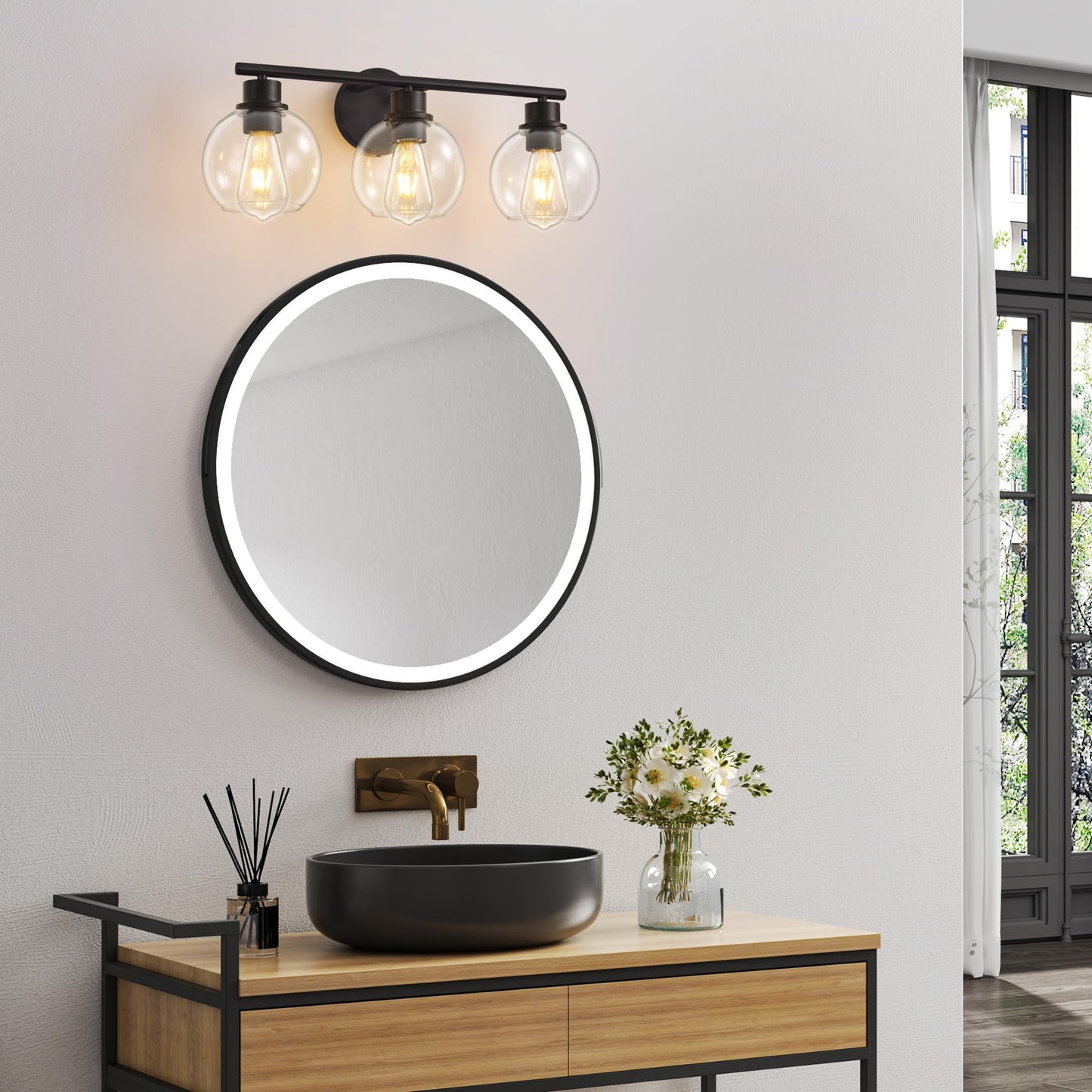 Lanmate Bathroom Light Fixtures Over Mirror 3-Lights Bathroom Vanity Light with Clear Globe Glass Shade 22 inch Modern Black Vanity Lights Wall Sconce Lighting for Bath