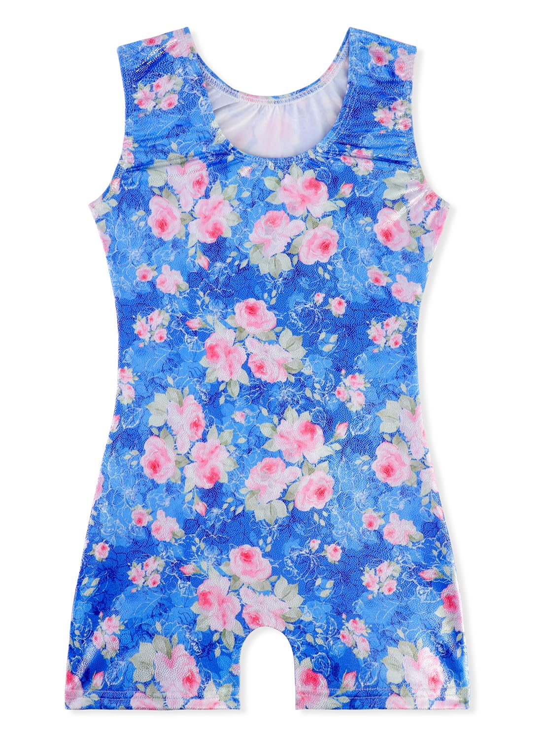 EQSJIU Girls Gymnastics Leotards With Shorts Blue Floral Shiny Sparkle Leotards For Girls 4t 5t 4-5t