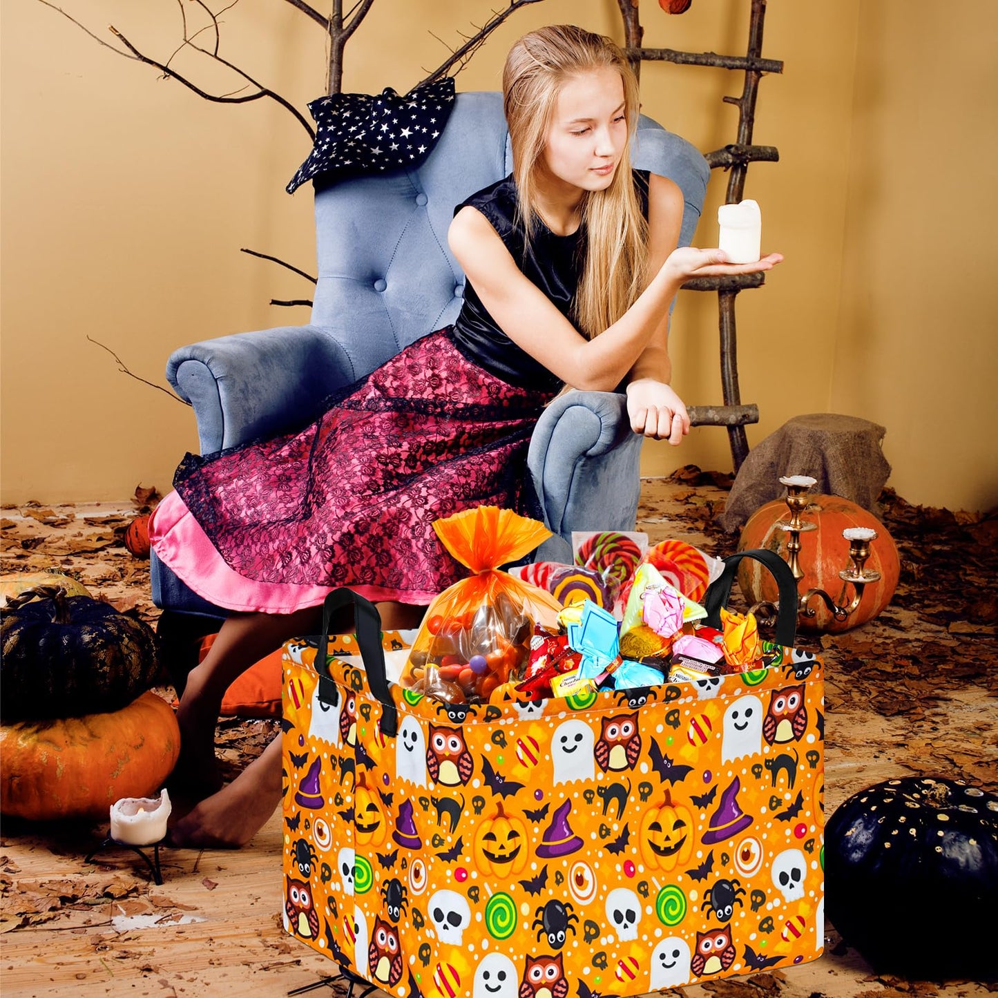 HUAYEE Happy Halloween Ghost Storage Basket Gift Laundry Bins Collapsible Storage Baskets Bins with Handles Laundry Basket Nursery Hamper for Home and Office Decoration