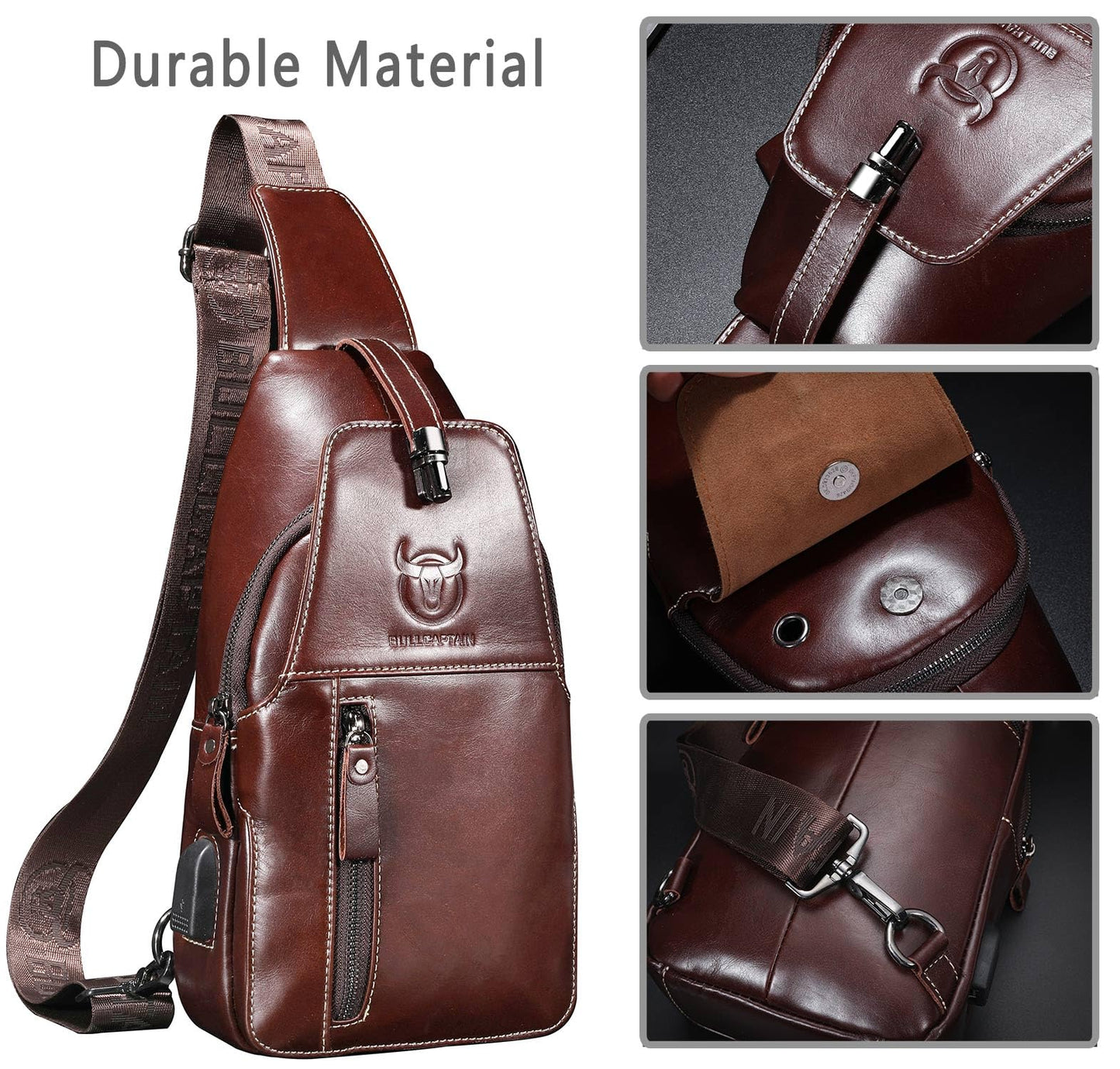 Genuine Leather Sling Bag Mens Crossbody Backpack for Hiking Casual Daypack Shoulder Chest Bag with USB Charging Port (Coffee)