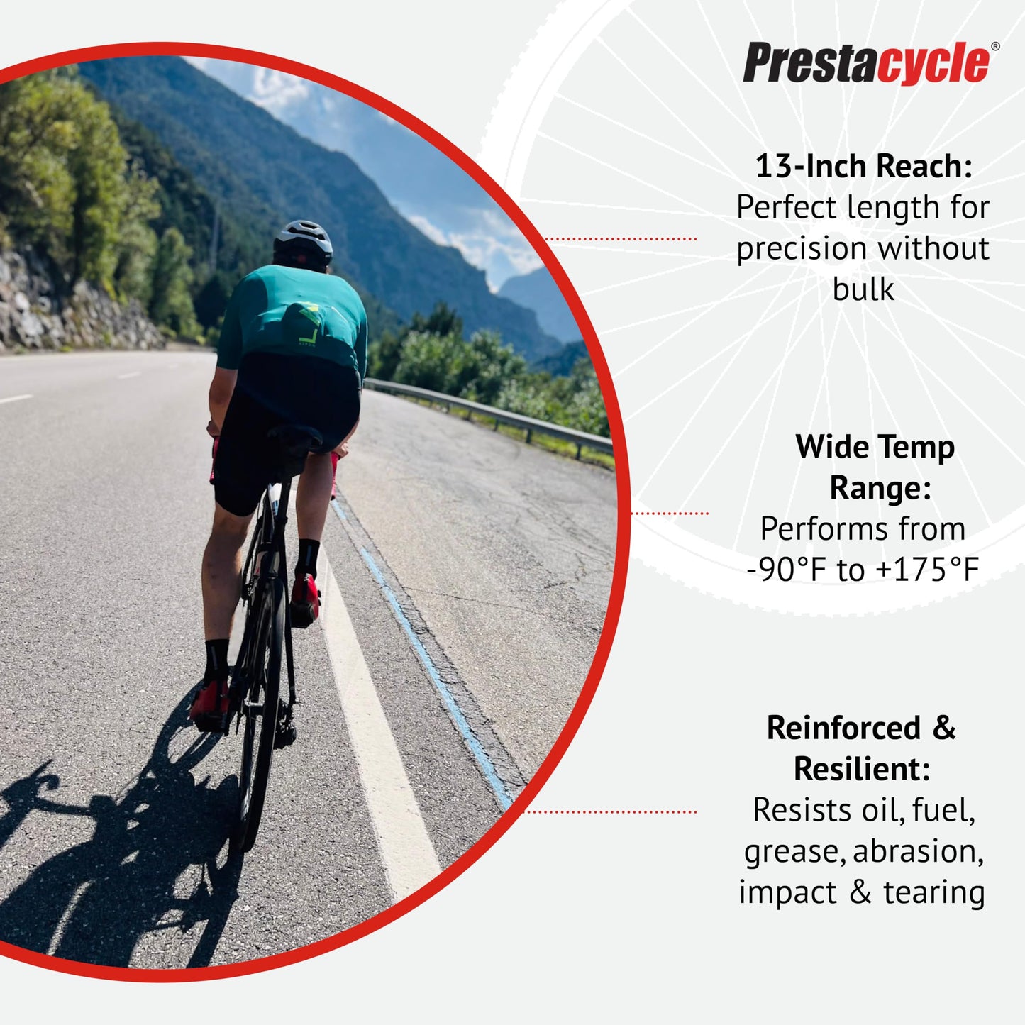 Prestaflator Pro 3-Way Presta Head Hose – Reinforced Flexible Red Polyurethane, Quick-Click2™ Spin-On Head, 300 PSI, 13" Length, Alloy Clamps, Fits All Prestaflator Tools with O-Ring Included