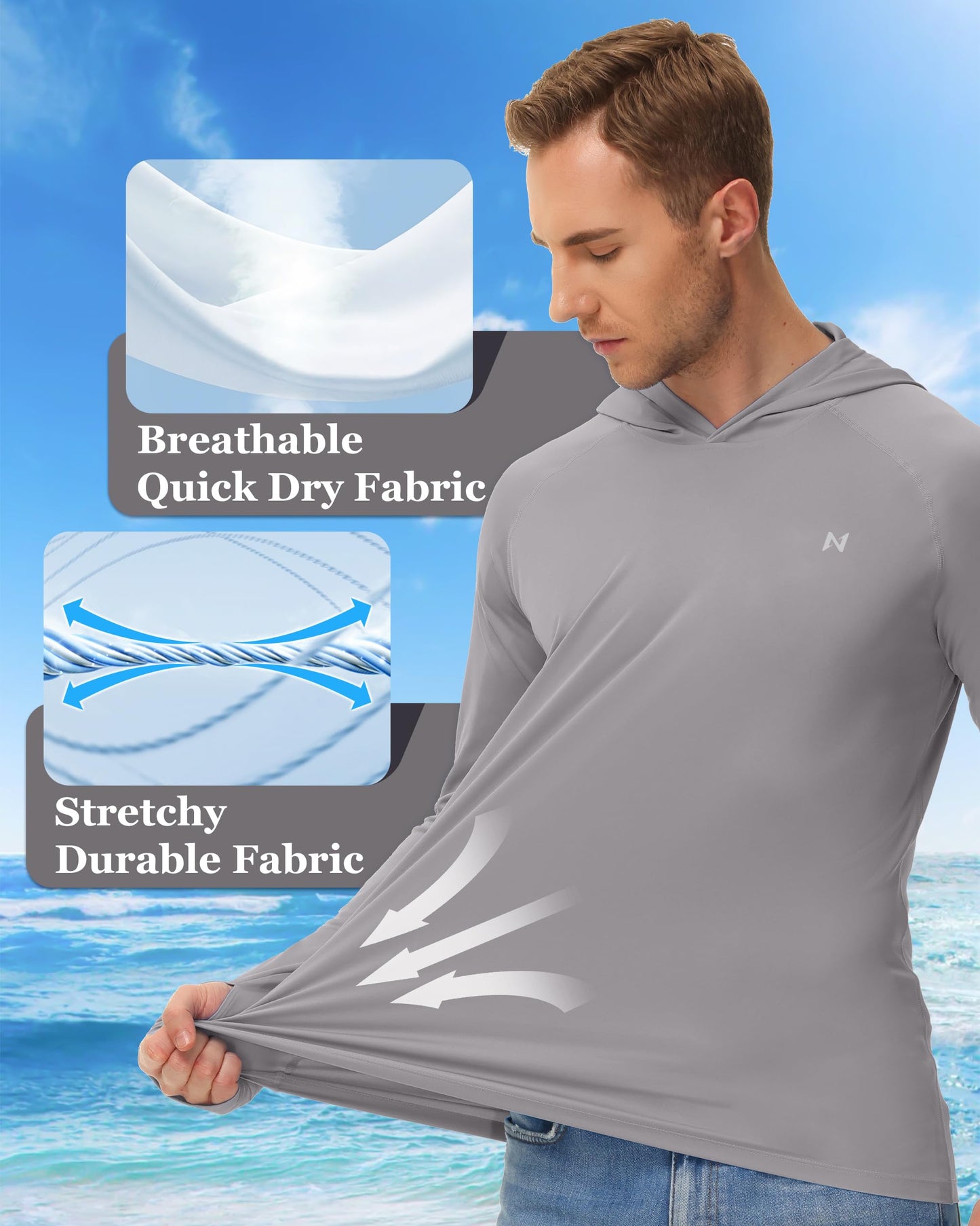 isnowood Sun Shirt UPF 50+ Men's Fishing Long Sleeve UV Protection Hoodie Hiking Rash Guard Swimming Running Gray