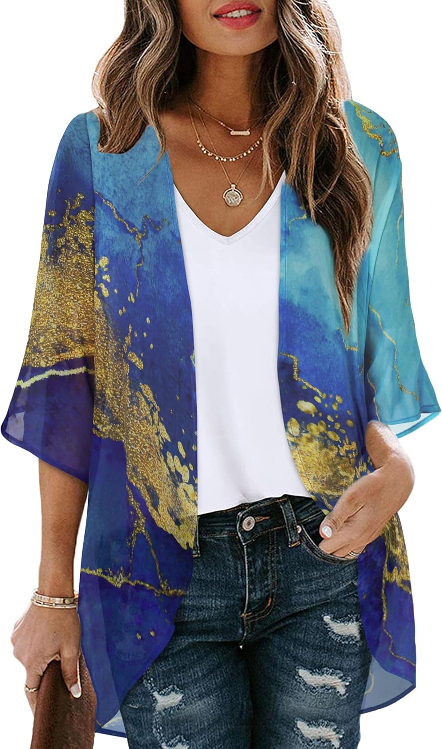 Skiennix Women's Floral Print Puff Sleeve Kimono Cardigan - Casual Loose Cover-Up Top