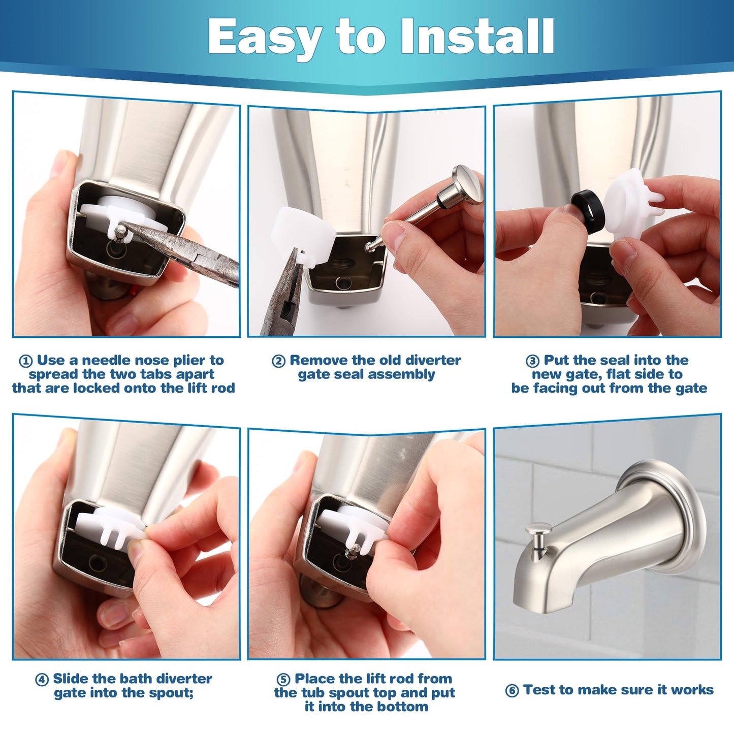 Enhon 2 Set Tub Spout Diverter Repair Kit, Includes 2 x Diverter Valve Stems, 2 x Cup Seals and 2 x Gates, Bathroom Shower Bathtub Leaky Faucet Repair Replacement Parts(Brushed Nickel,Classic)