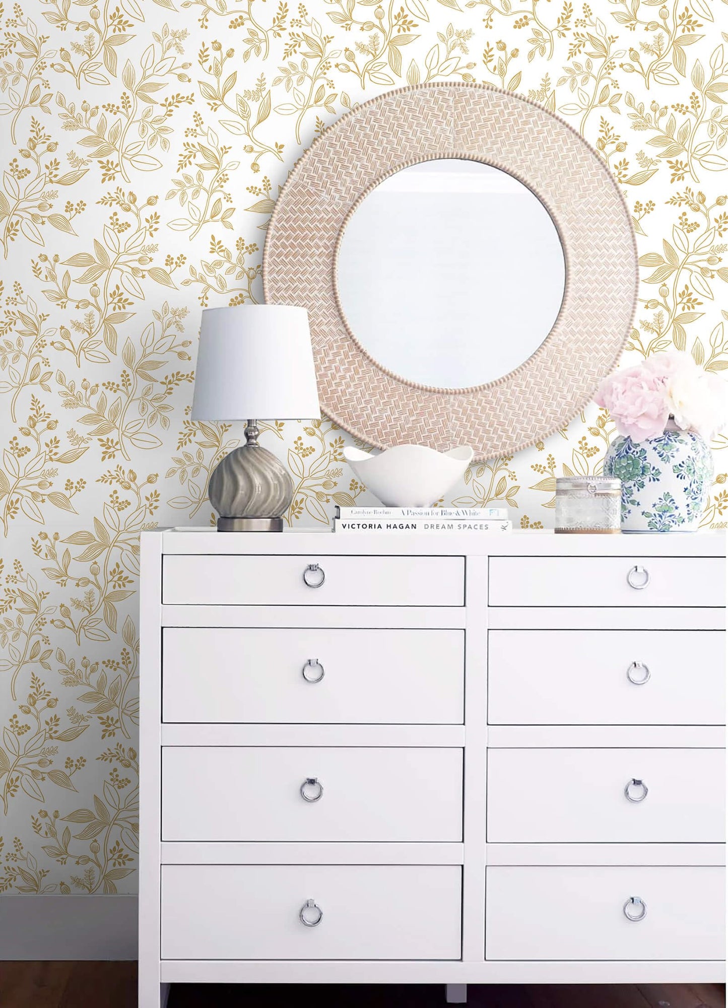 Heroad Floral Wallpaper Peel and Stick White and Gold Contact Paper Modern Removable Contact Paper for Cabinets and Drawers Bathroom Vinyl Roll Self Adhesive 78.7" x 17.3"