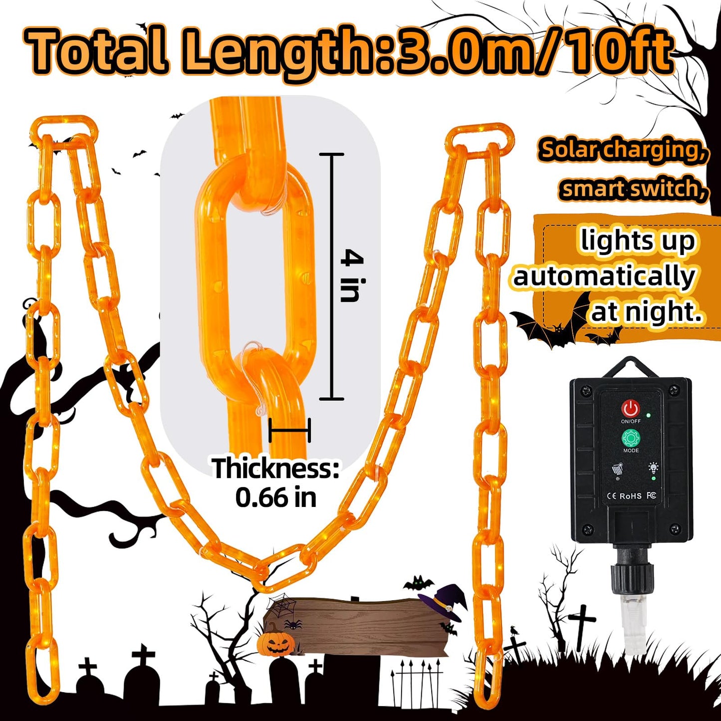 Large & Thicker Halloween Decorations Solar Charging String Lights - 10 Ft 160 LED Plastic Chain String Lights with Waterproof, 8 Lighting Modes and Automatically Lights up at Night ， Off in Daytime