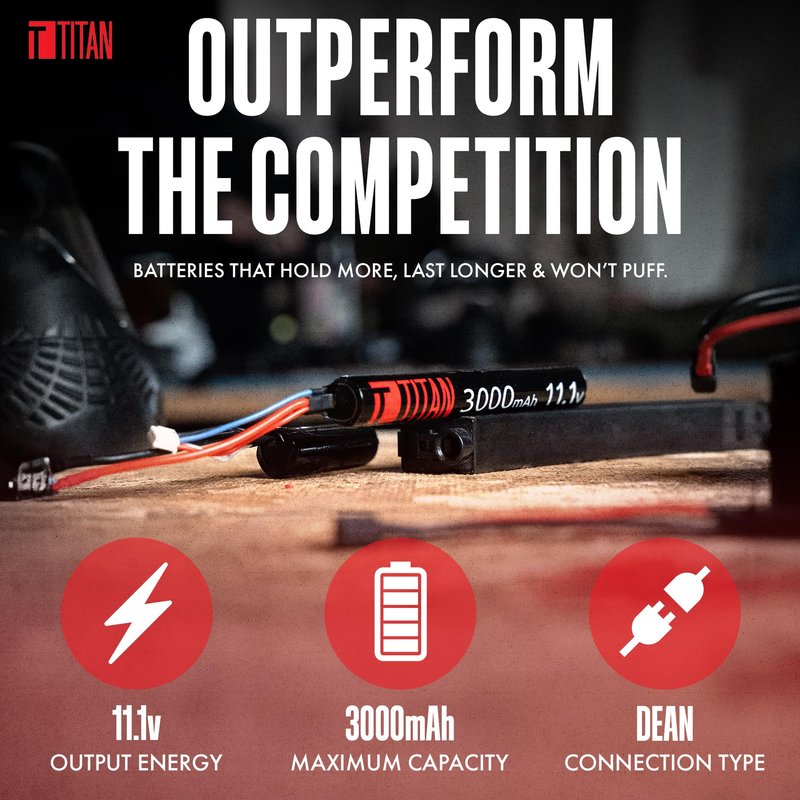 Titan Lithium Ion Airsoft Battery | 3000 mah 11.1v Battery Nunchuck T-Plug | Maximum Capacity & Performance 11.1 Volt for Airsoft Gun