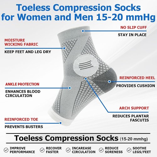 6Pairs Neuropathy Socks - Toeless Compression Socks for Women & Men, Plantar Fasciitis & Achilles Tendonitis Relief, Arch Support (Large)