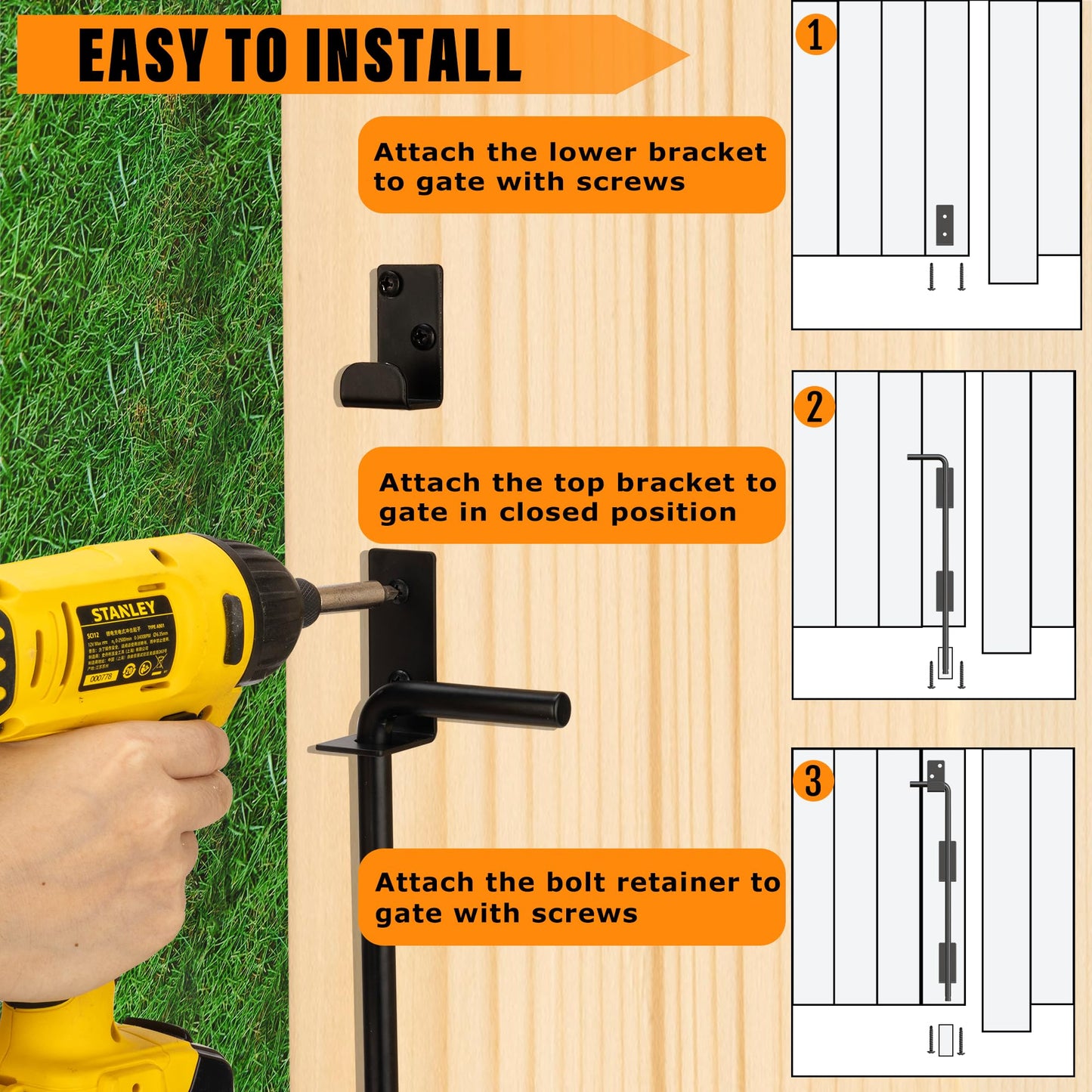 DJSUNPACKING 12" Heavy Duty Cane Bolt Gate Drop Rod with Black Finish-Steel Gate Ground Latch Designed for Wood Metal Vinyl Gates or Double Doors Fence Applications-1 Pack