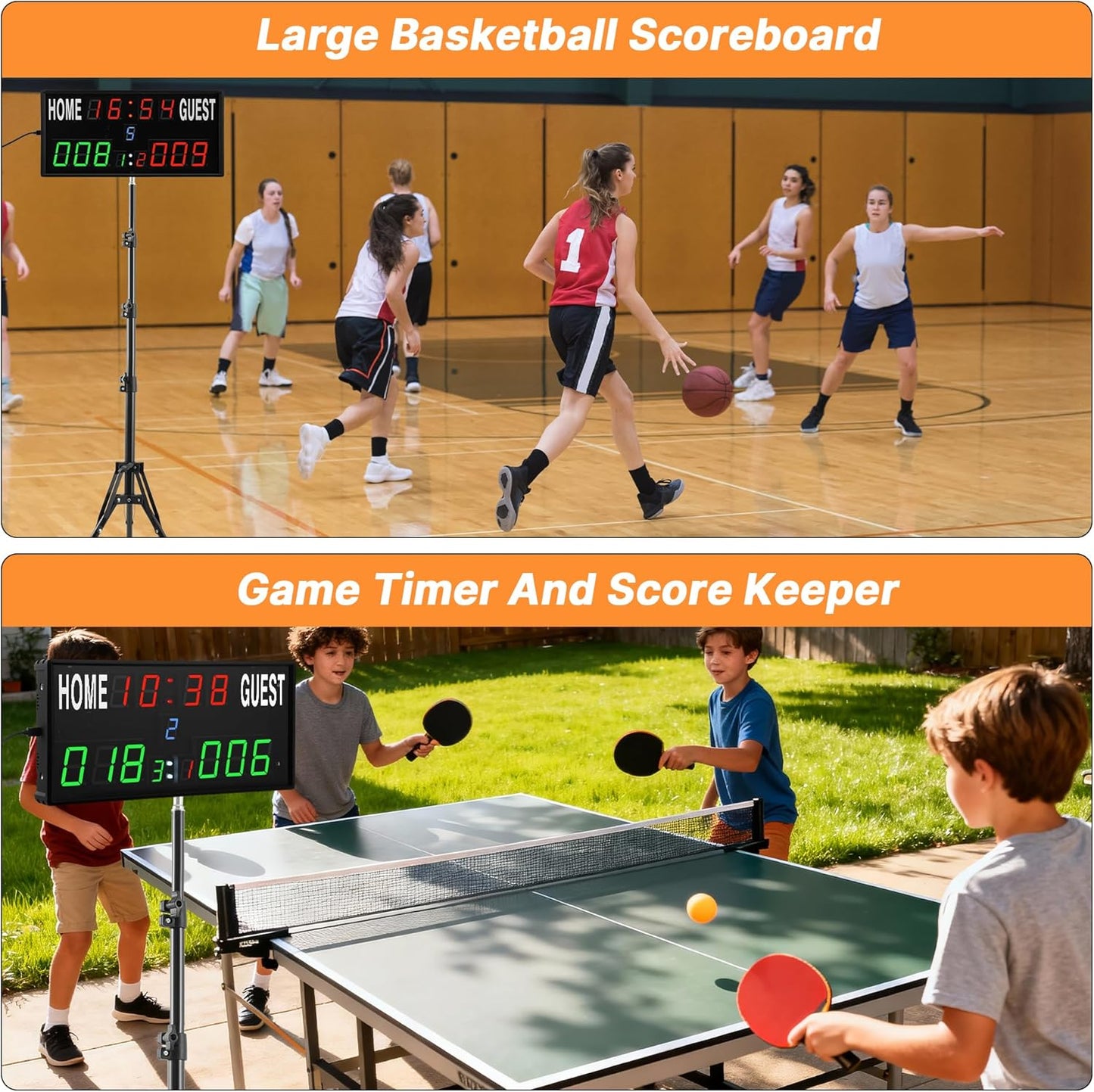 Upgraded Electronic Scoreboard - Digital Score Keeper with Remote & Tripod | Real-Time Timer for Basketball, Football, Cornhole & Table Tennis