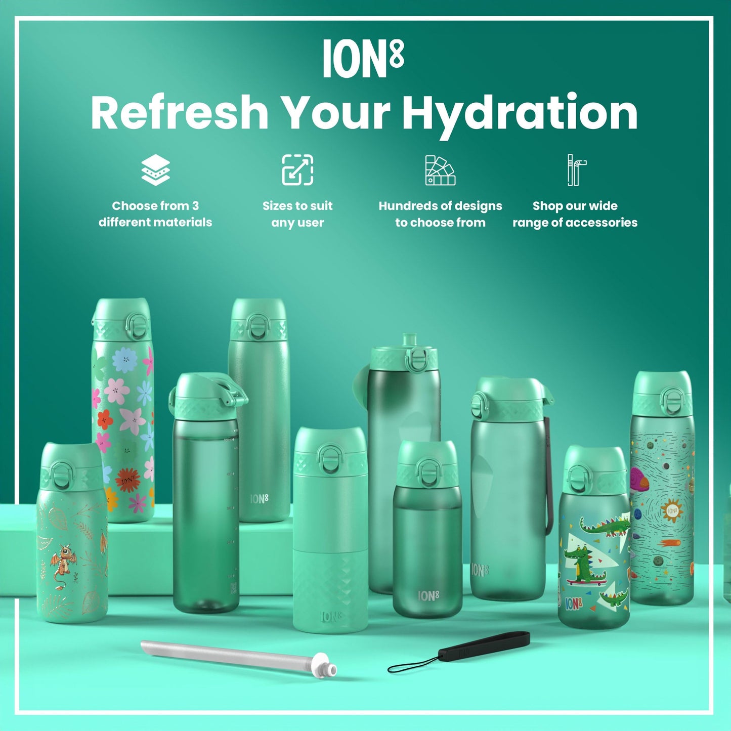 Ion8 1 Litre Water Bottle with Times to Drink, Leak Proof, Flip Lid, Carry Handle, Dishwasher Safe, BPA Free, Soft Touch Contoured Grip, Ideal for Gym, Health and Fitness, 32 oz, Teal