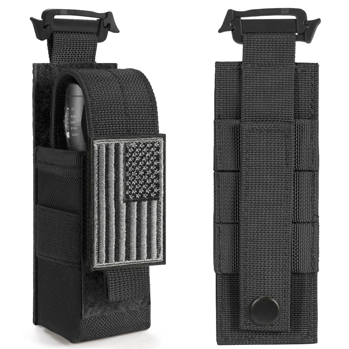 Tactical Flashlight Holster, Adjustable Flashlight Pouch Holder Molle Torch Carry Case for Duty Belt Backpack Vest Include Flashlight Patch & USA Flag Patch (Black-Nylon Strap with snap)