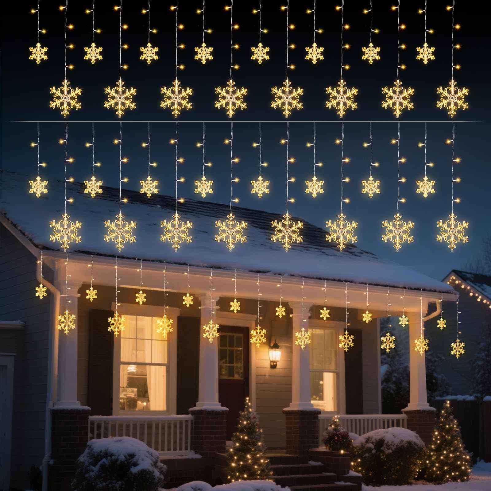 2 Pack 13 Ft 192 LED Snowflake Christmas Icicle Lights with 16 Drops, 8 Modes and Timer, IP65 Waterproof Connectable for Indoor Outdoor House Window, Warm White