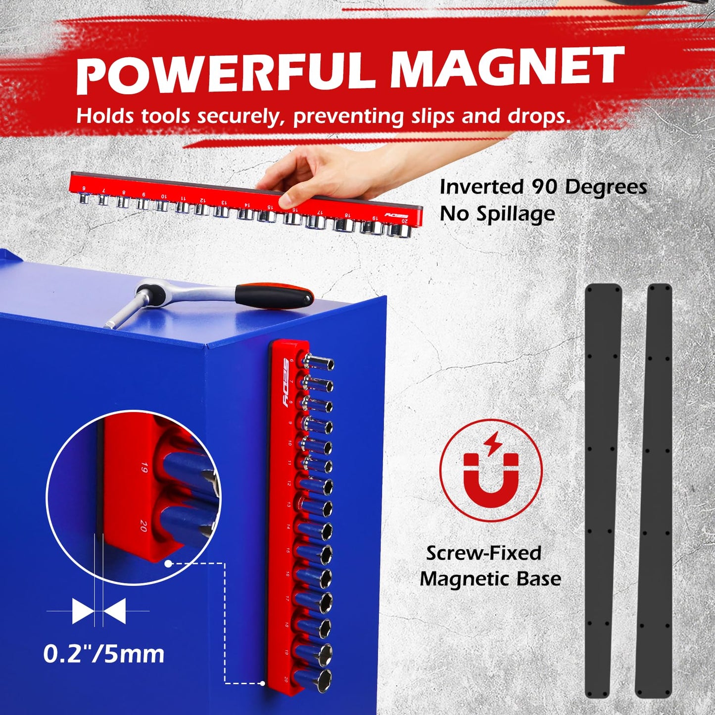 2-Piece 3/8"-Drive Metric Magnetic Socket Organizer Set (Holds 30 Sockets) - Detachable Tool Tray with 5mm Magnetic Base, Screw-Fixed Design & Heavy-Duty Modular Storage for Garage/Home Workshop