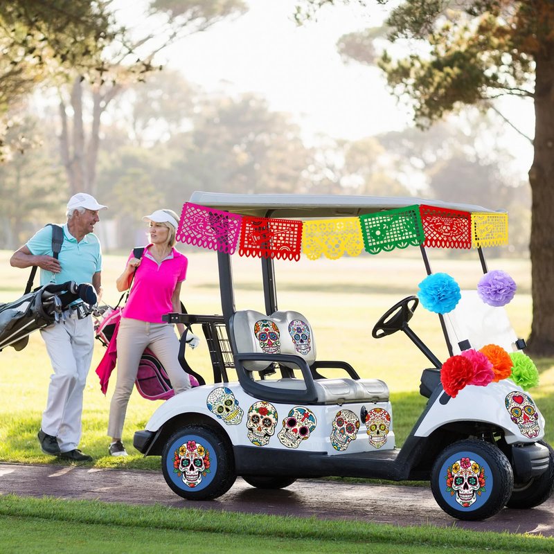Faccito 19 Pcs Day of The Dead Golf Cart Decorations Dia De Los Muertos Car Decoration Picado Fiesta Banner Pom Poms Sugar Skull Stickers for Halloween Golf Cart Party Decor
