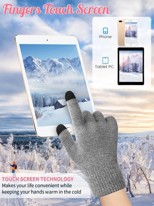 JaGely 6 Pcs Women Winter Beanie Hat Gloves Set Warm Knitted Hats and Touchscreen Gloves Lady Cold Winter Gifts for Christmas(No Fur Pom and No Pattern,Black, Grey and Pink)